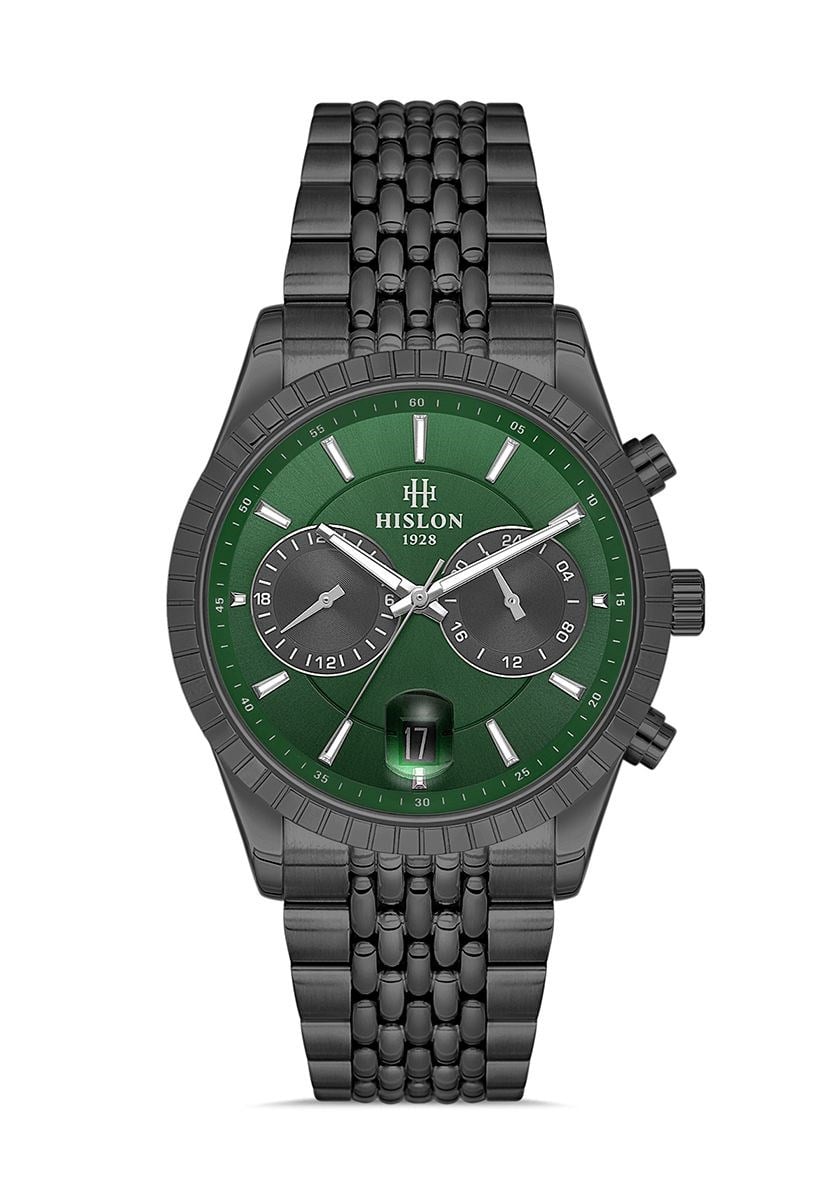 Hislon Çelik Kasa Kordon Yeşil Kadran Takvimli Erkek Kol Saati DT145N-15SS