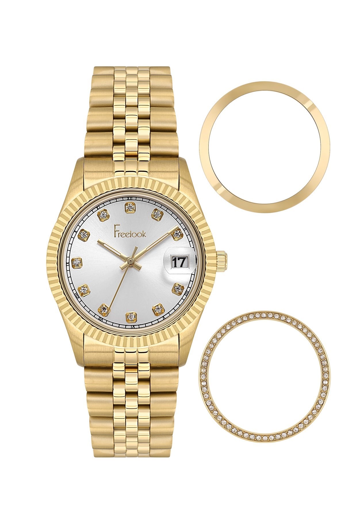 Freelook Metal Spor Gold Renk Takvimli Değiştirilebilinir Bezel Spor Kadın Kol Saati FL.4.10015-3
