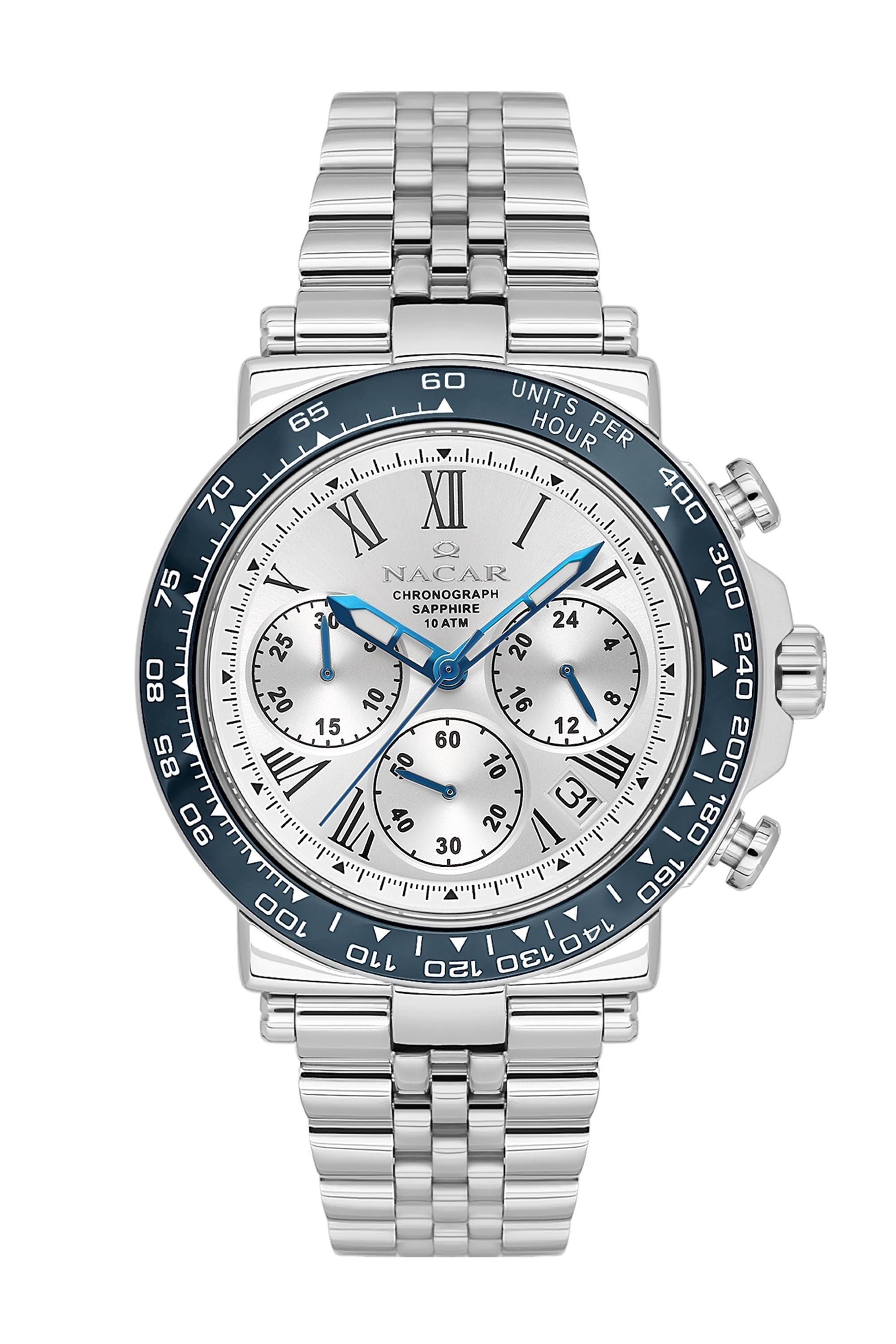 Nacar Çelik Gümüş Renk Kronometreli Safir Cam Beyaz  Kadran Spor Erkek Kol SaatiNC34-29B843-ASLM