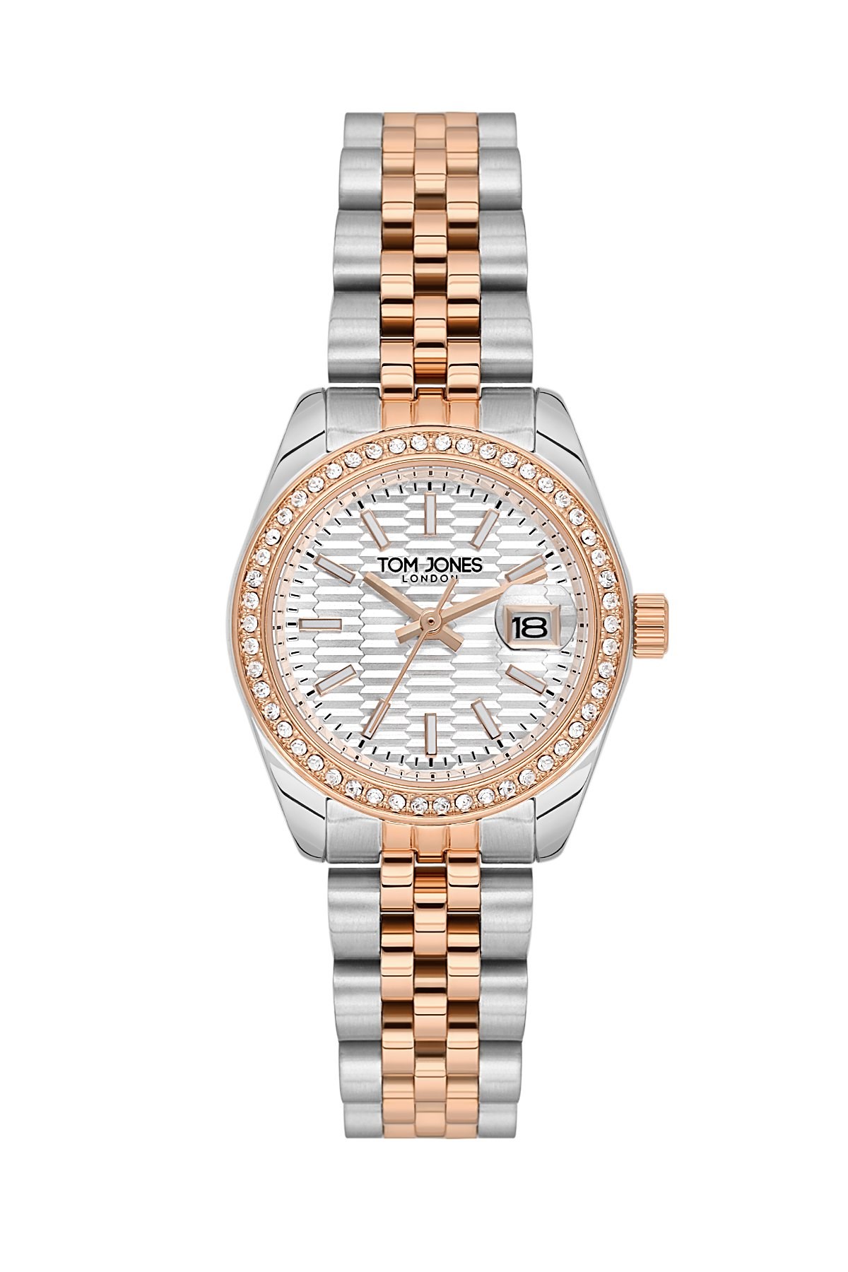  Tom Jones London Metal Rose Gold Gümüş Çift Renk Takvimli Kadın Kol Saati TJ.3.10021-5