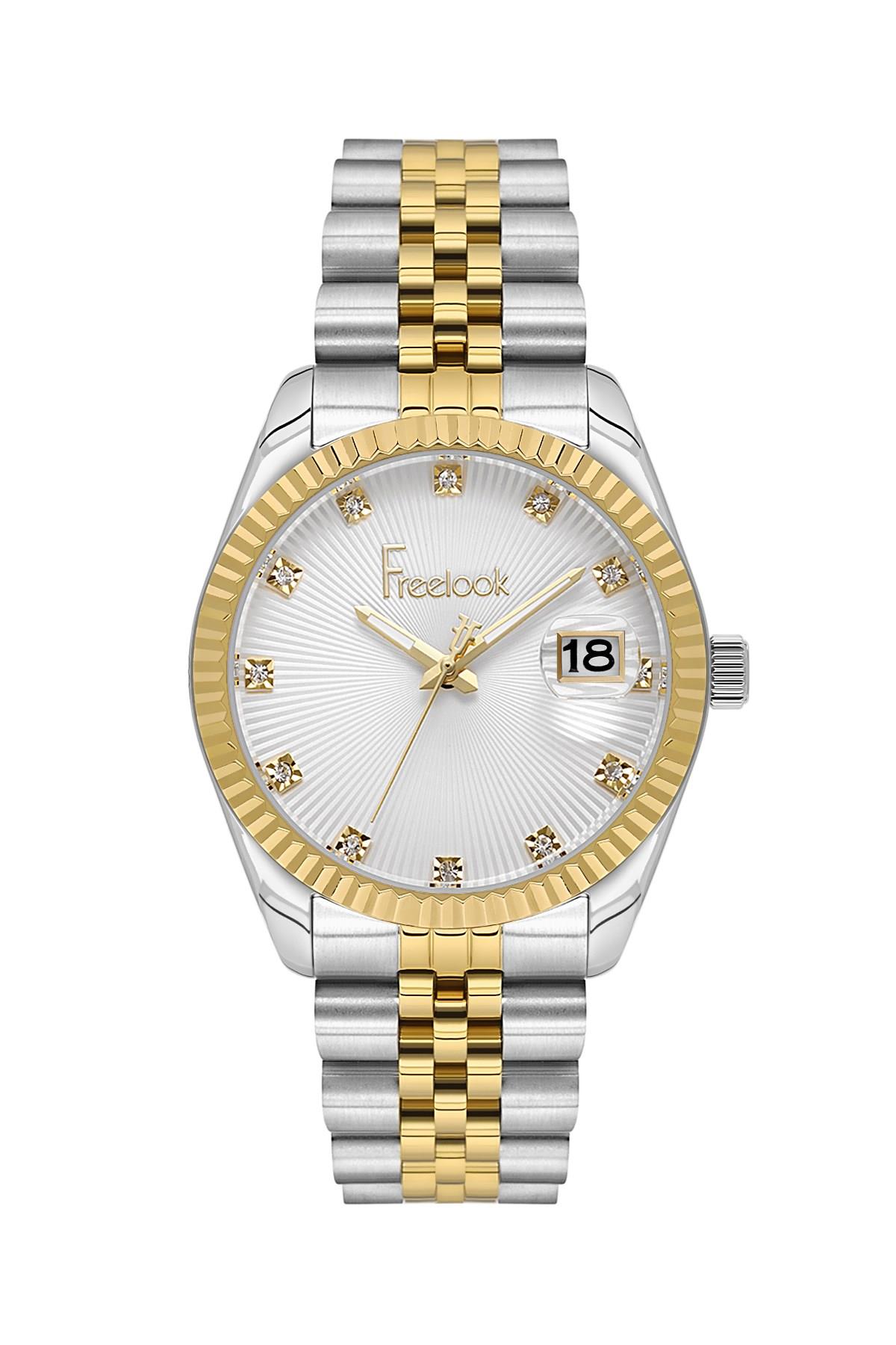 Freelook Spor Kasa Takvimli Çift  Renk Beyaz Taşlı Kadran Kadın Kol Saati FL.1.10514-3