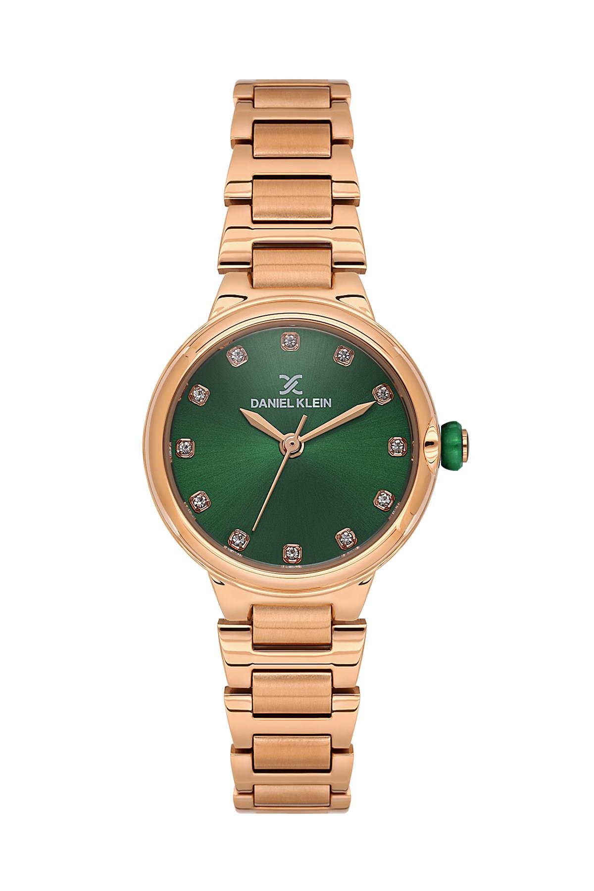 Daniel Klein Premium Yuvarlak Kasa Yeşil Kadran Metal Gold Gümüş Renk Kadın Kol Saati DK.3.10075-6