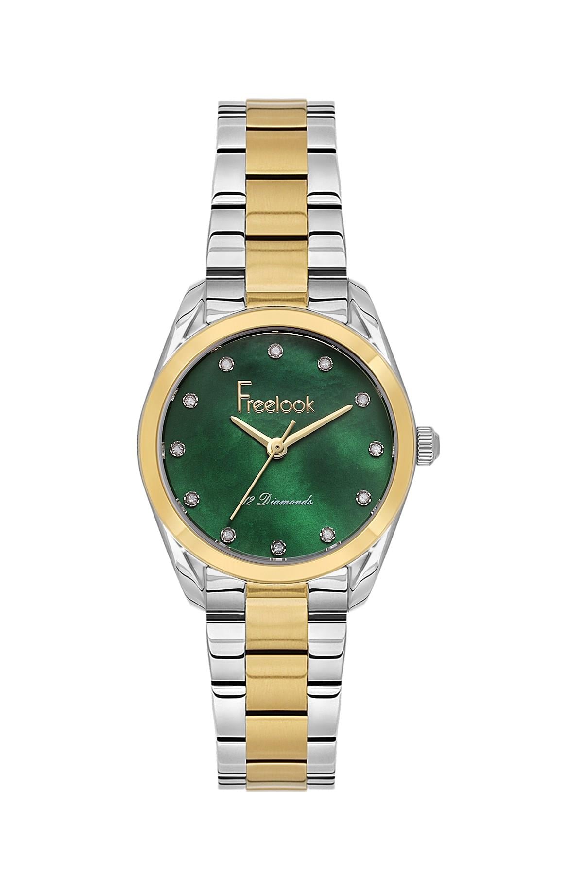 Freelook Yuvarlak Kasa Dıamond Sertifikalı Taşlı Yeşil Kadran Çift Renk Kadın Kol Saati  FL.1.10537-5