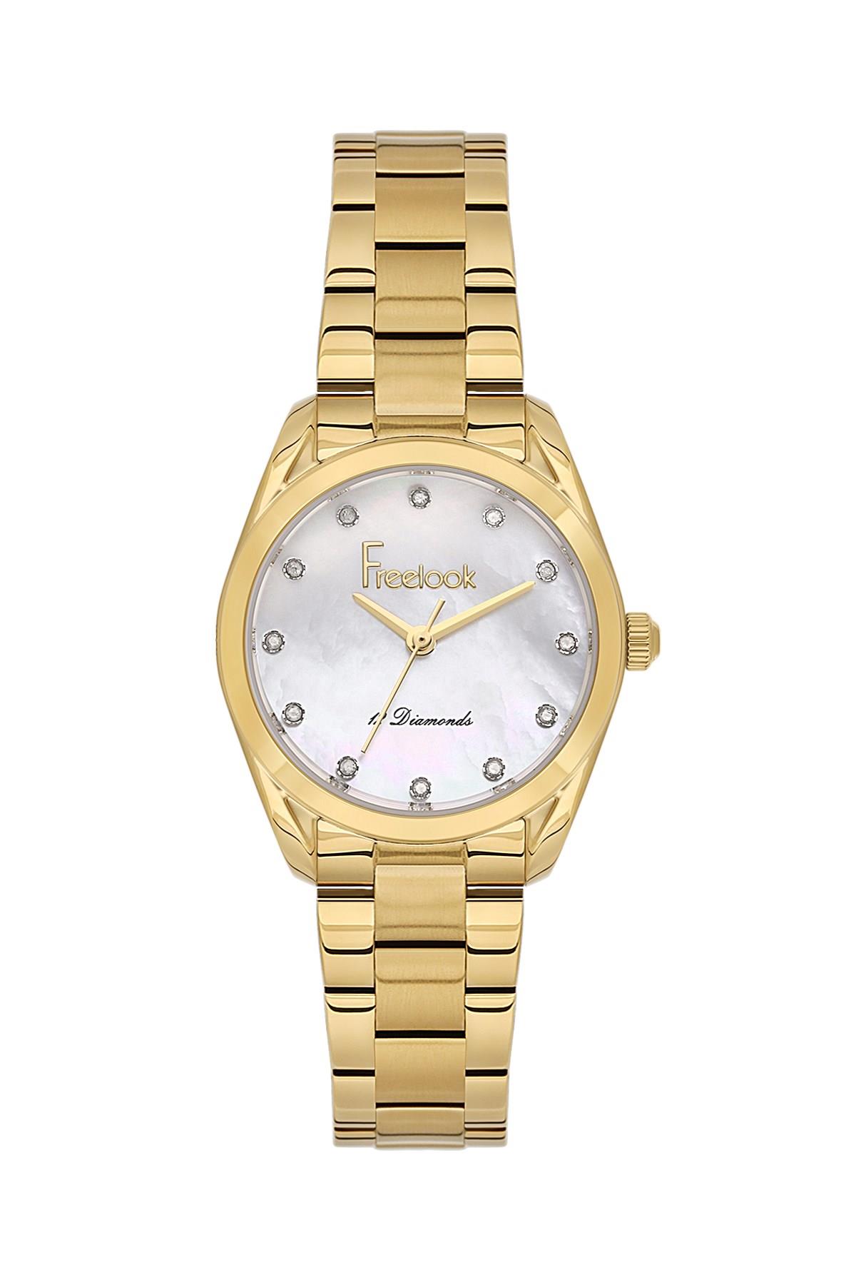 Freelook Çelik Altın Gold Renk Dıamond Sertifikalı Taşlı Kasa Kadın Kol Saati  FL.1.10537-3