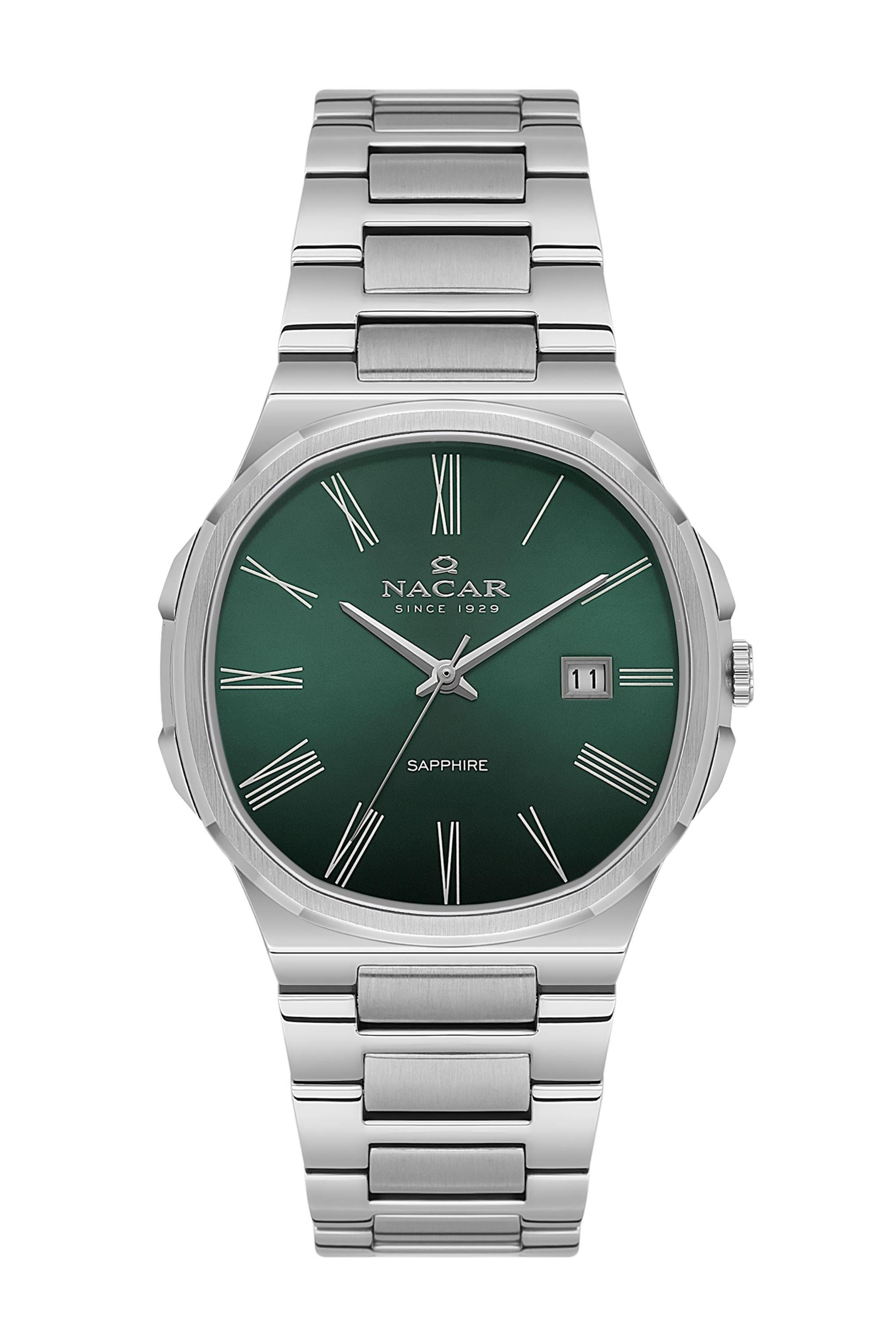 Nacar Klasik Çelik Kasa Kordon Safir Cam Yeşil Kadran Erkek Kol Saati  NC33-298377-ANM