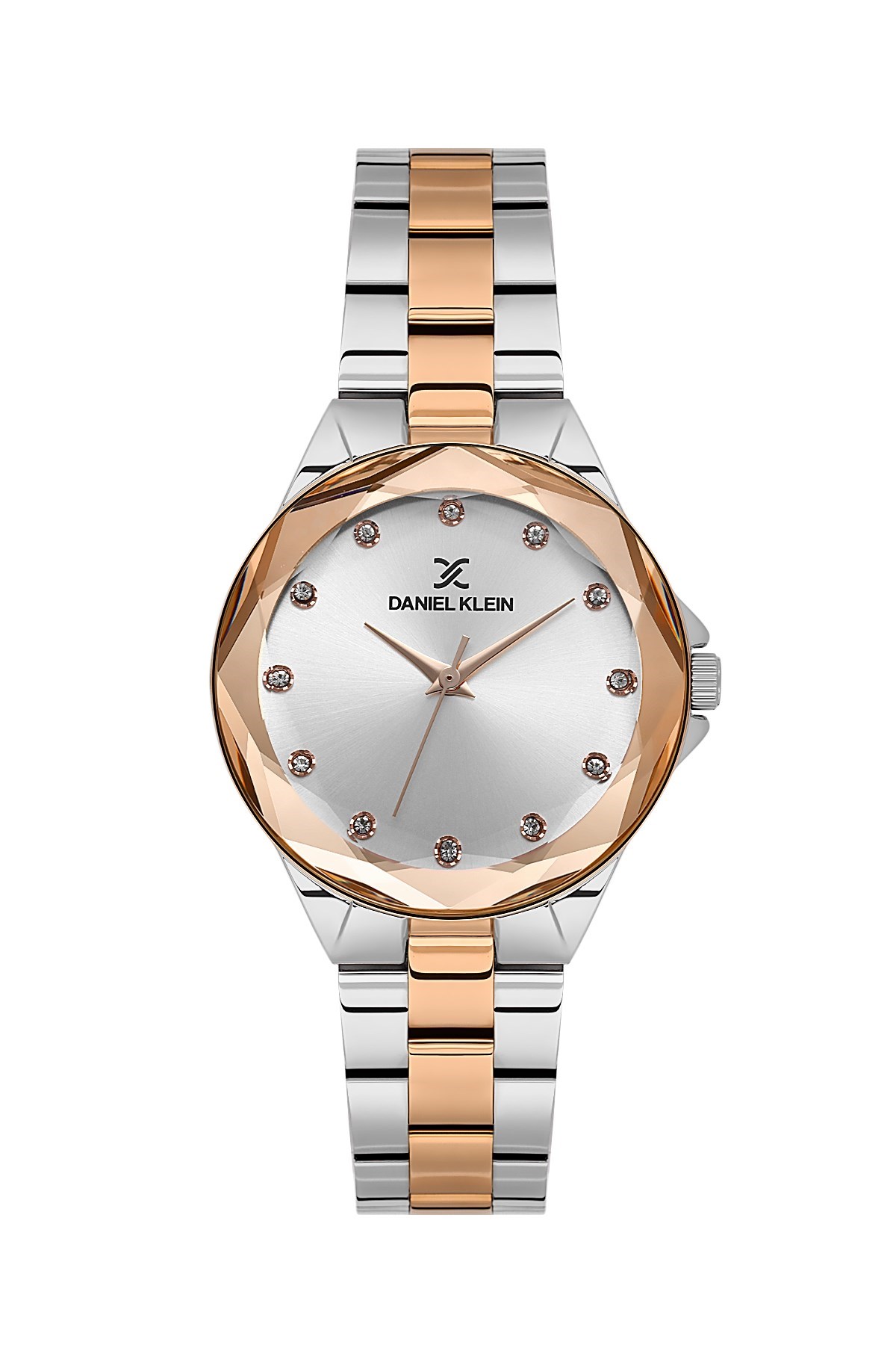 Daniel Klein Metal Rose Gold Gümüş Çift Renk Kasa Kordon Yıldız Cam Yuvarlak Kadın Kol Saati DKE.1.10894-6