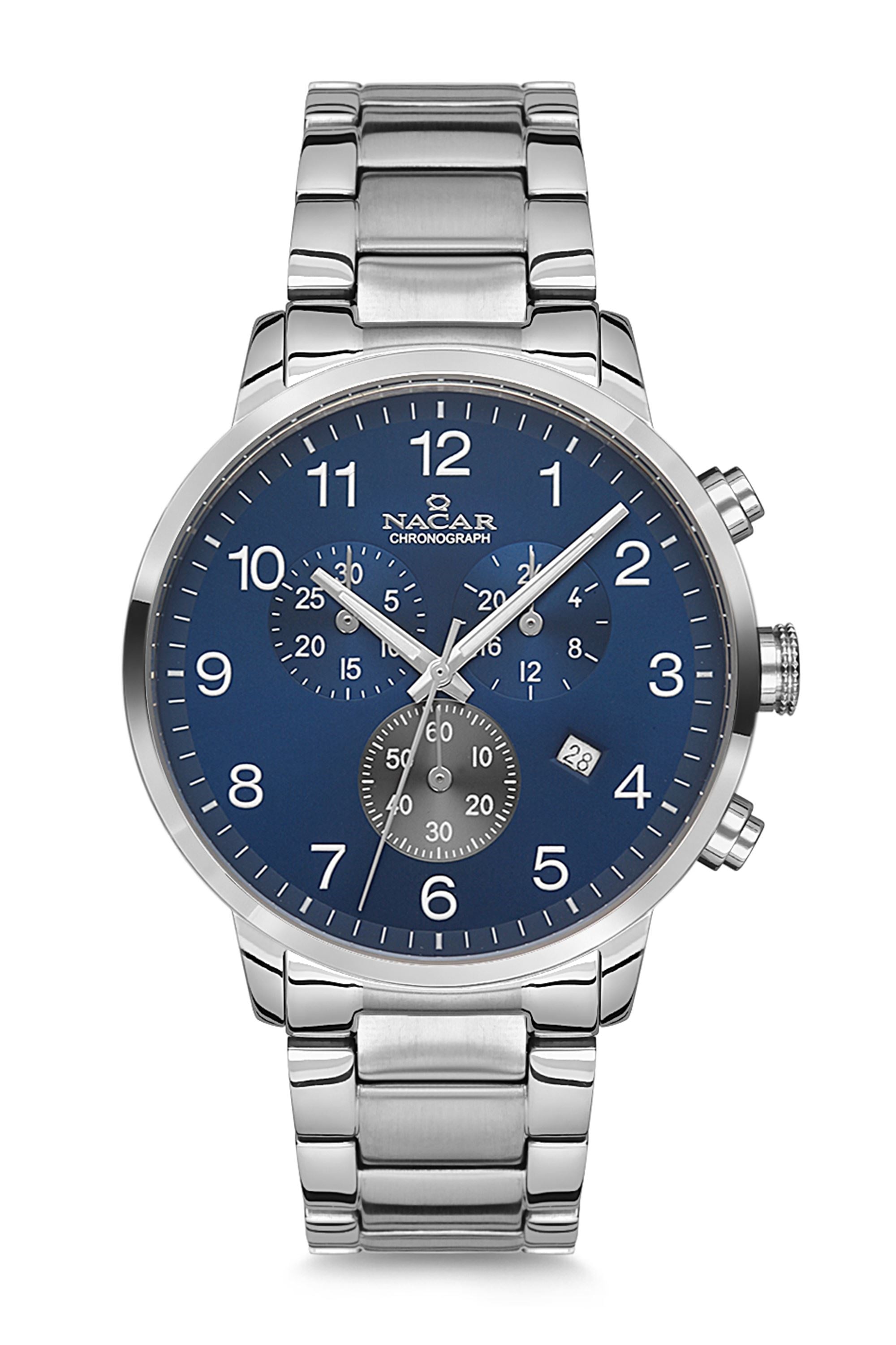Nacar Çelik Spor Rakamlı Lacivert Kadran Kronometreli Erkek Kol Saati NC34-290243-ALGM