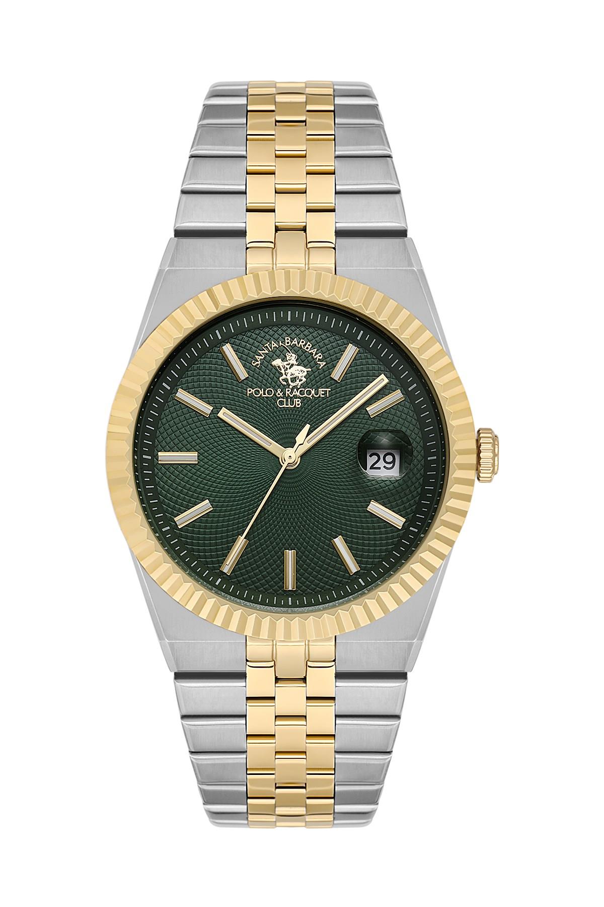 Santa Barbara Polo & Racquet Club Spor Çelik Yeşil Kadran Klasik Gümüş Altın Gold Çift Renk Erkek Kol Saati SB.4.10045-5