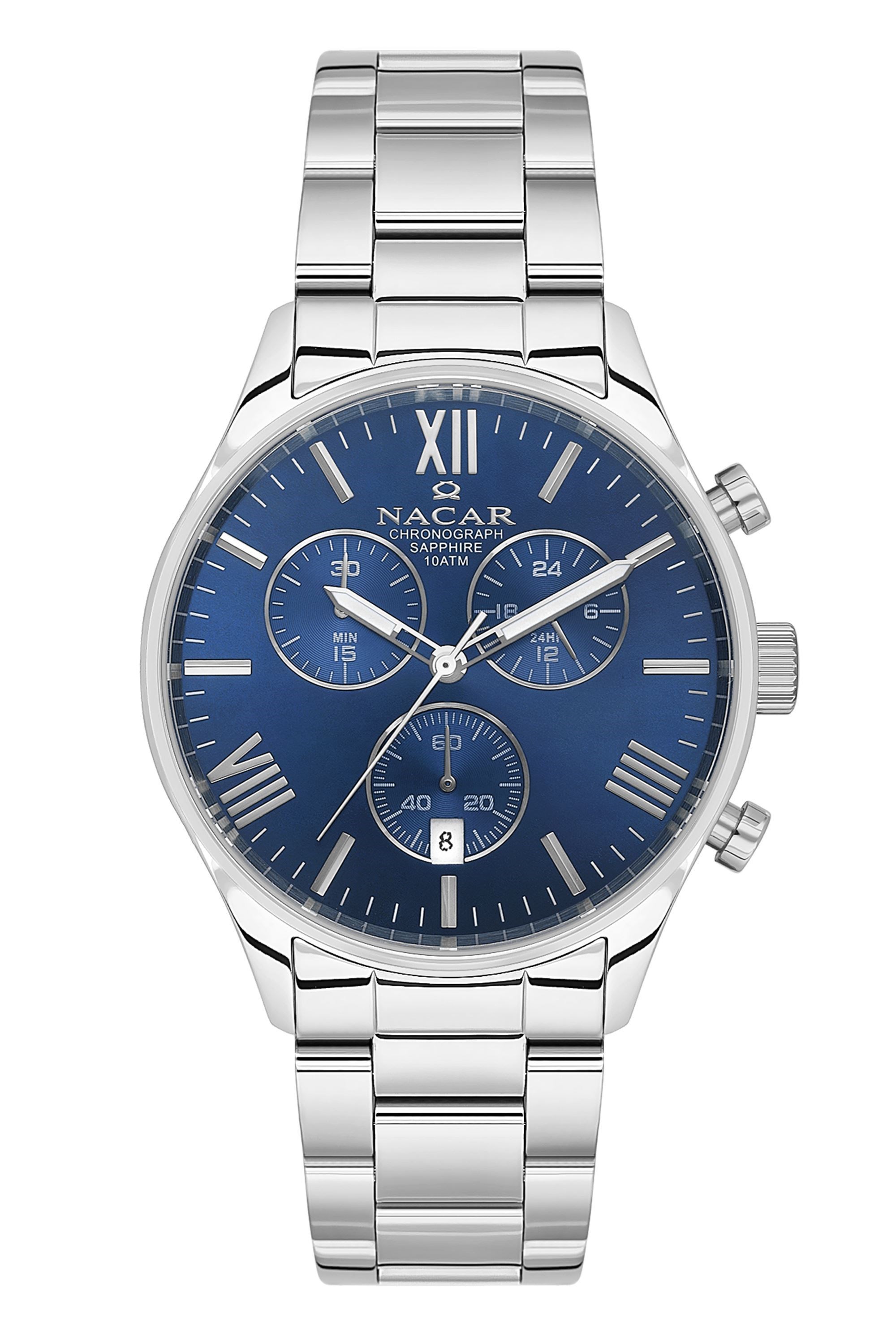 Nacar Nacar Metal Çelik Spor Safir Cam Gümüş Model Kasa Kordon Lacivert Kadran Kronometreli Erkek Kol Saati  NC08-29430616-ALM