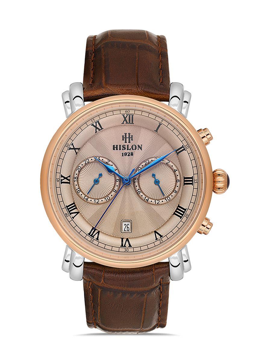 Hislon Kahverengi Deri Kordon Multifonksiyon Rose Gold Kasa Erkek Kol Saati DT204T-07KR