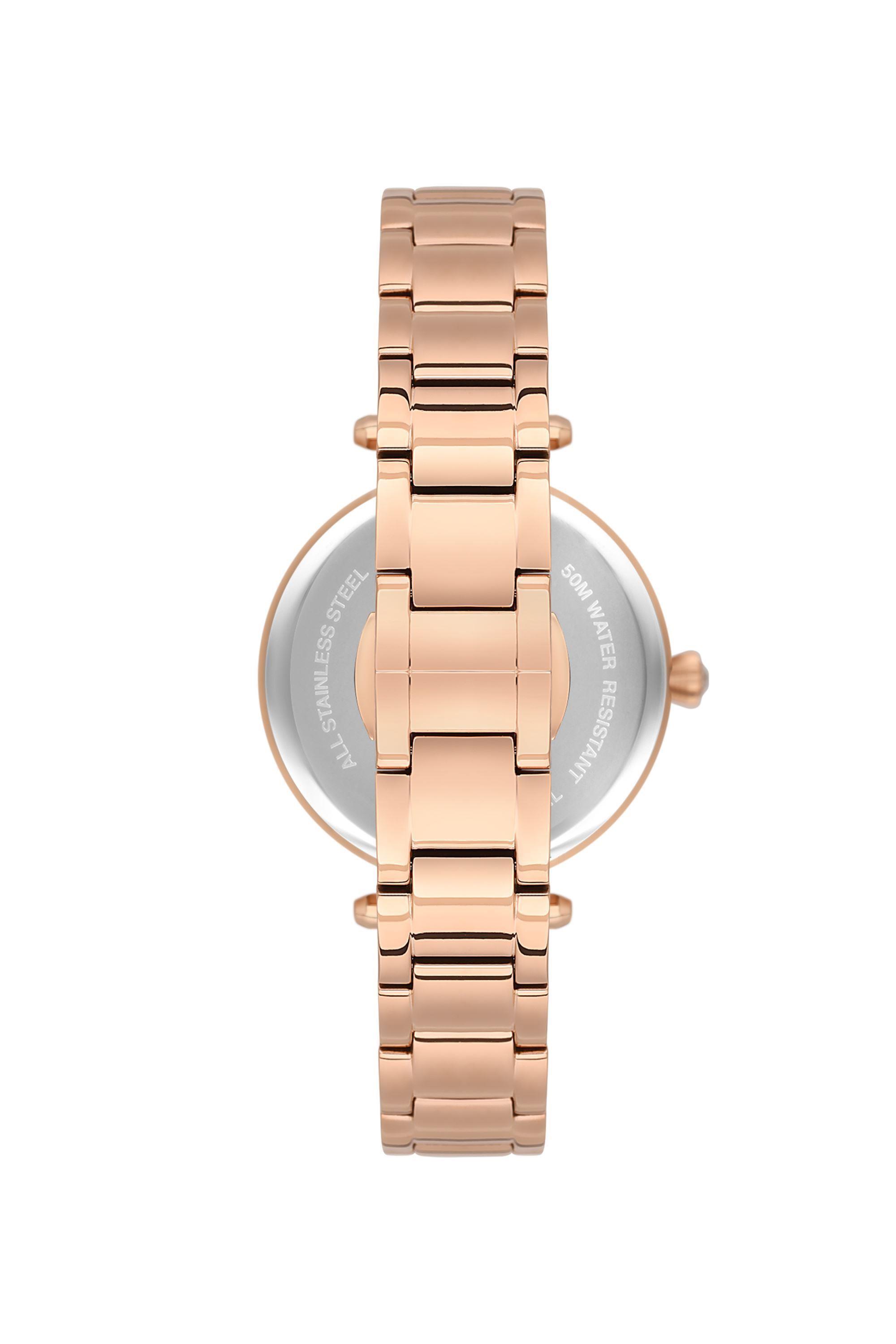 Nacar Çelik Rose Gold Renk Safir Cam Yuvarlak Beyaz Taşlı Kasa Kadın kol Saati Nc34-39B662-Rsms