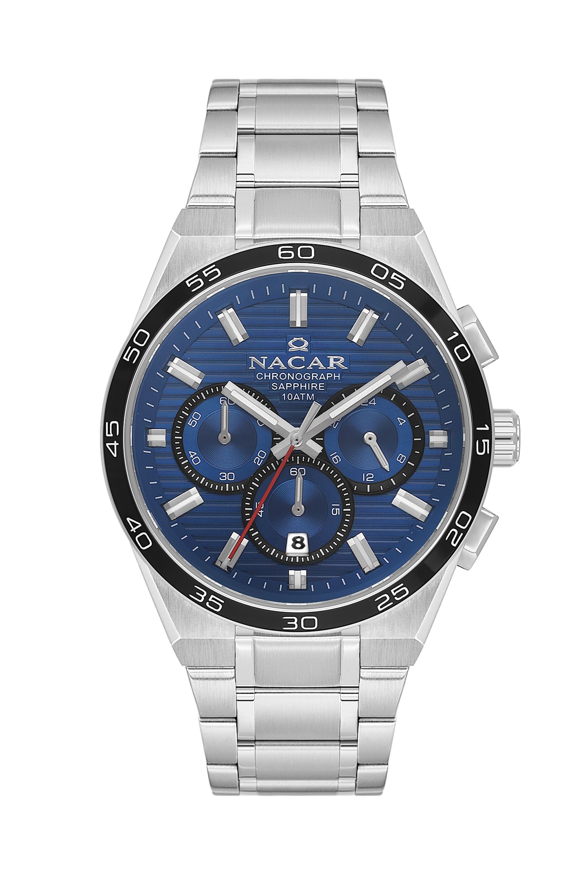 Nacar Çelik Metal Gümüş Renk Kasa Kordon Yuvarlak Lacivert Kadran Safir Cam Kronometreli Spor Erkek Kol Saati NC08-29420704-ALM