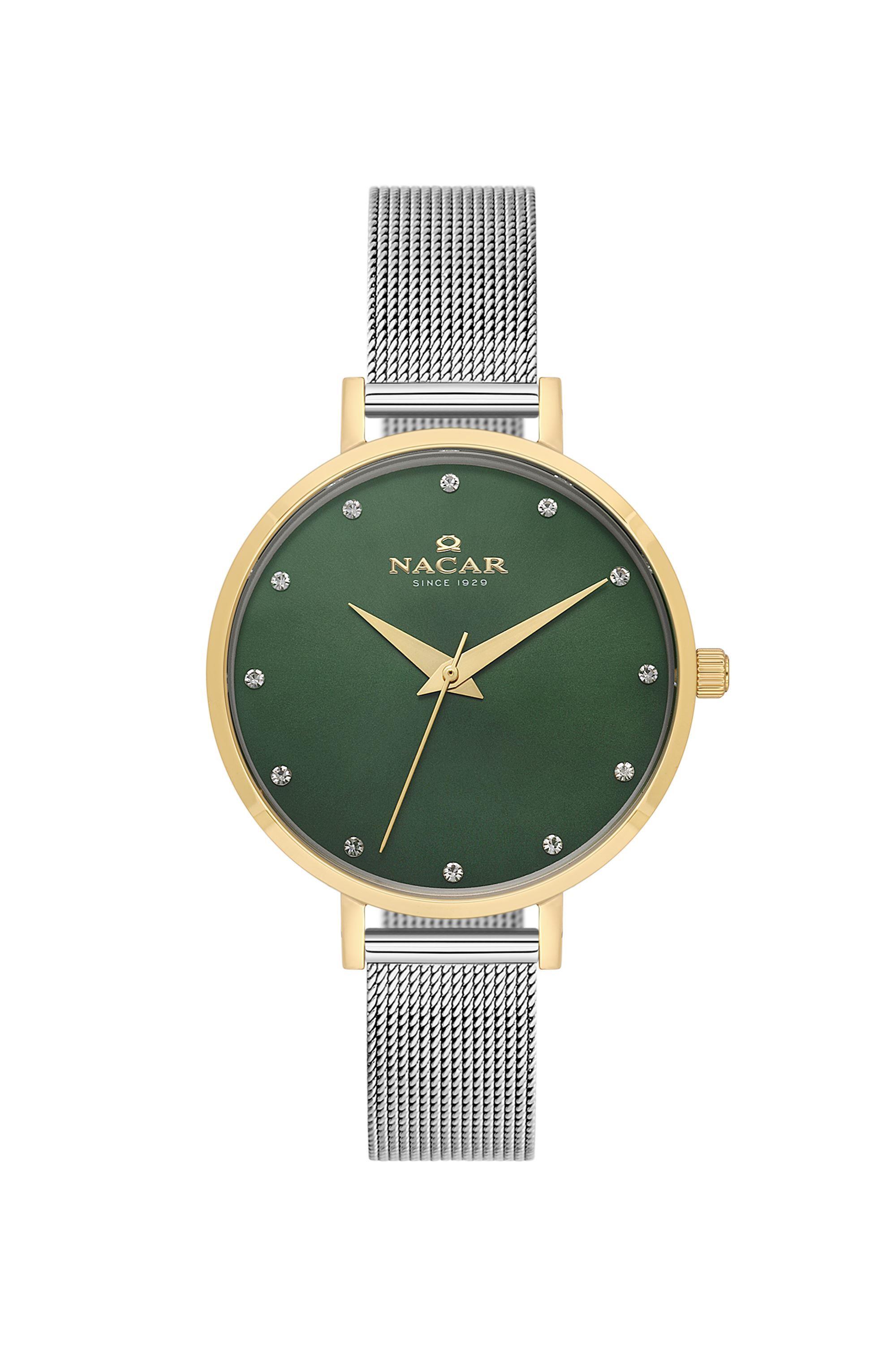 Nacar Gümüş Hasır Kordon Gold Kasa Yeşil Kadran Safir Cam Kadın Kol Saati NC17-3920718-CNMS