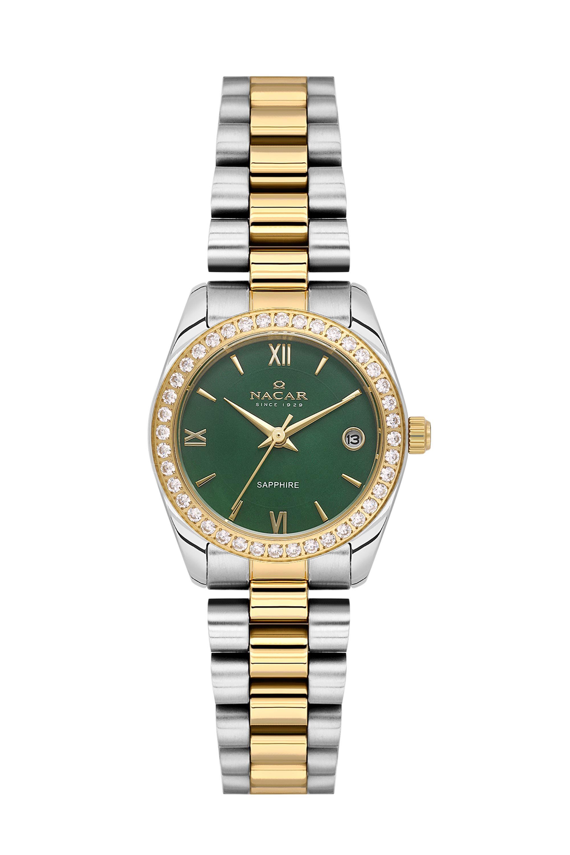 Nacar Yeşil Kadran Safir Cam Gümüş Gold Çift Renk Kadın Kol saati NC34-39A427-CNMS