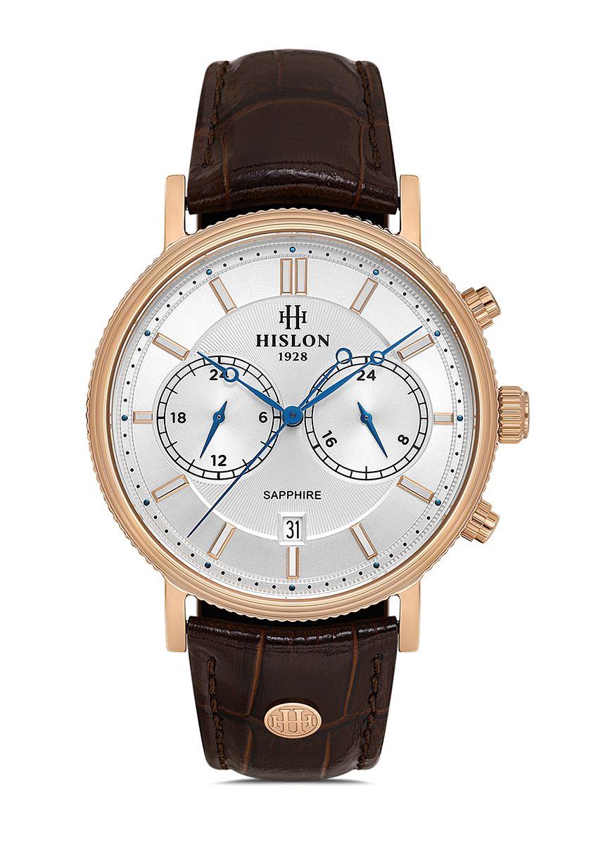 Hislon Kahverengi Deri Kordon Multifonksiyon Safir Cam Rose Gold Kasa Erkek Kol Saati DT121R-02KR