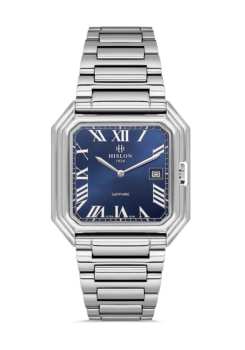 Hislon Çelik Kasa Kordon Köşeli Lacivert Kadran Safir Cam Ultra İnce Silim Kasa  Klasik Erkek Kol Saati CL170S-11SS