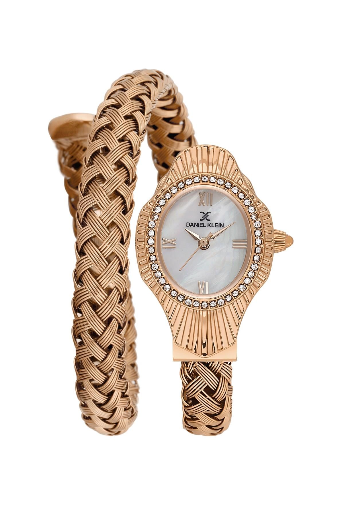 Daniel Klein Taşlı Rose Gold Kasa Yılan Model Beyaz Kadran Örgülü Kordon Kadın Kol Saati DK.1.14121-5
