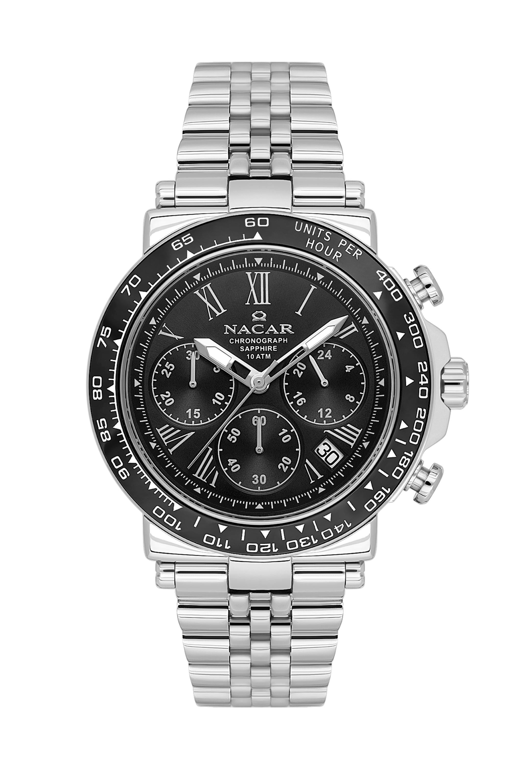 Nacar Çelik Gümüş Renk Kronometreli Safir Cam Siyah Kadran Spor Erkek Kol Saati NC34-29B843-ABBM