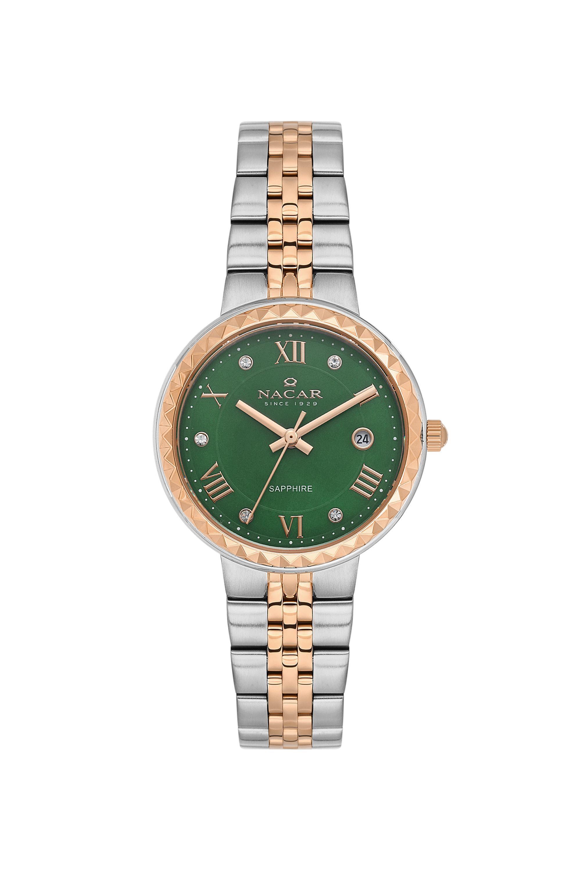 Nacar Rose Gold Yeşil Renk Roma Yazı Kadran Takvimli Kadın Kol Saati NC34-39B716-ENMS