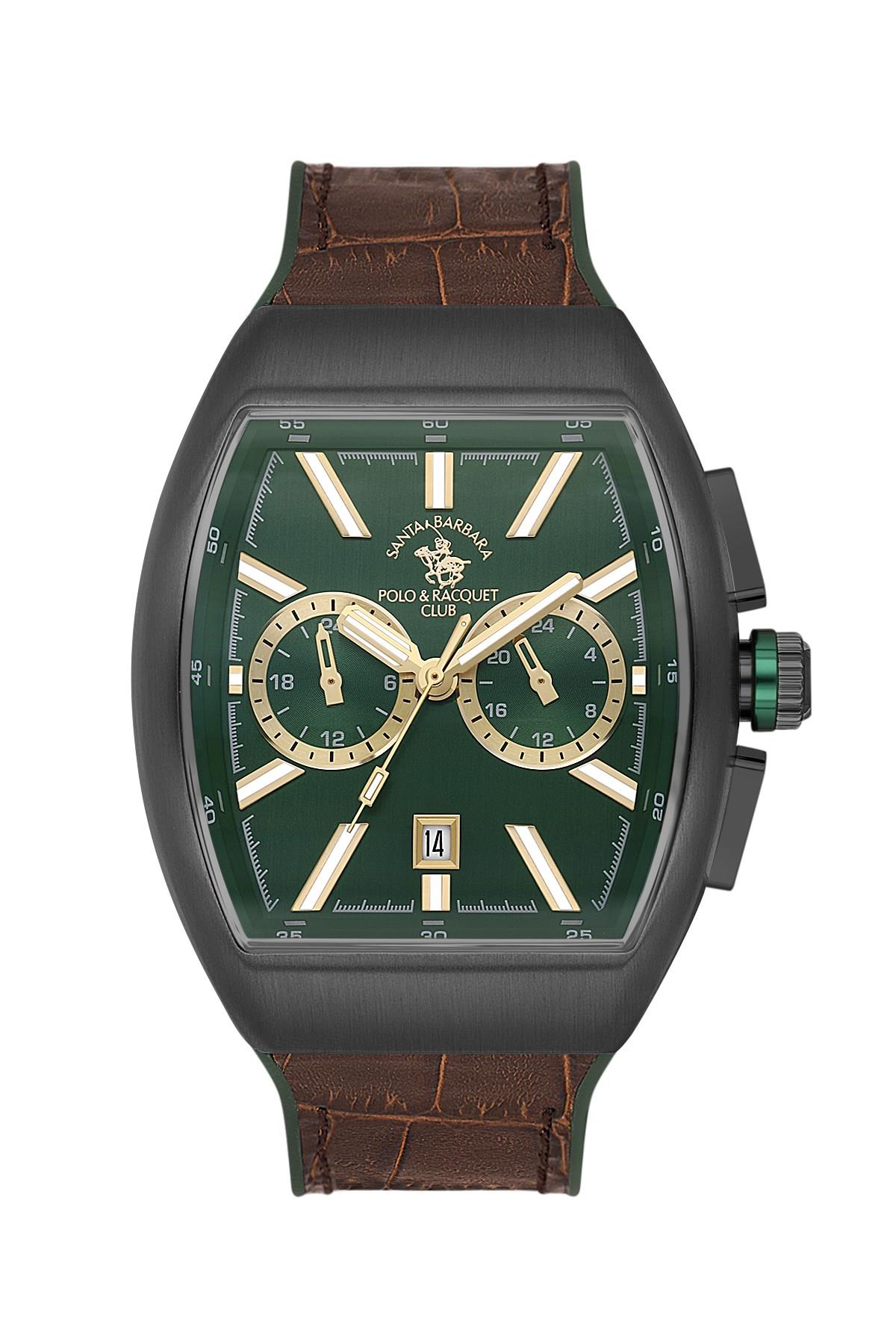 Santa Barbara Polo & Racquet Club Spor Silikon Deri Kahverengi Kordon Kare Spor Yeşil Kadran Erkek Kol Saati SB.1.10607-5