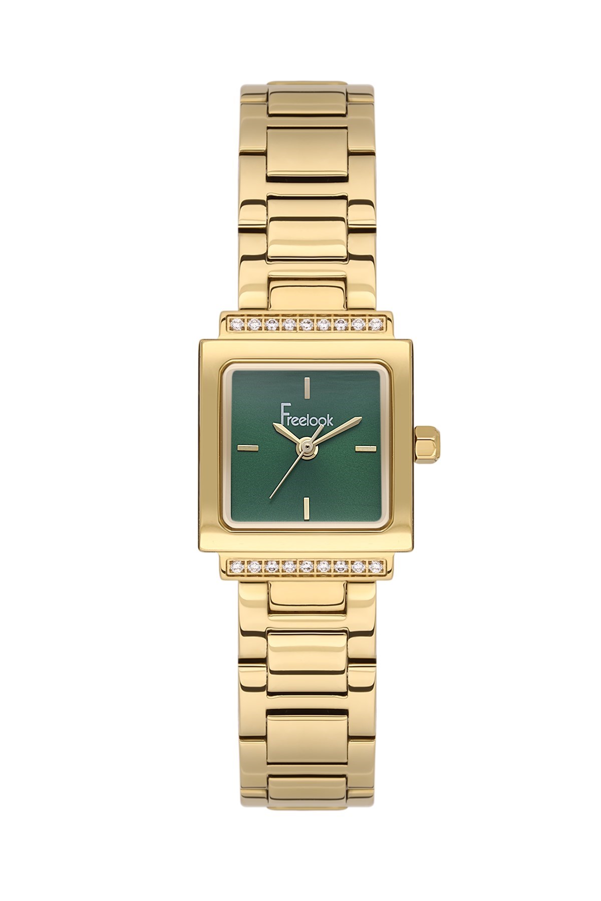 Freelook Kare Taşlı Kasa Çelik Metal Altın Renk Klasik Sade Yeşil Kadran Kadın Kol Saati FL.1.10522-5