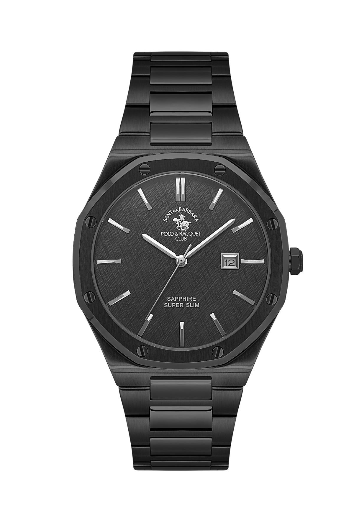 Santa Barbara Polo & Racquet Club Metal Çelik Siyah Renk Safir Cam Siyah Takvimli Kadran Klasik Erkek Kol Saati SB.1.10673-6