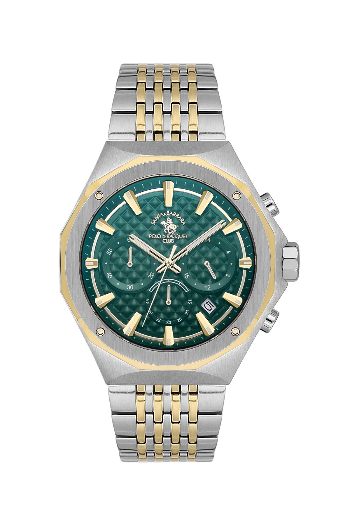 Santa Barbara Polo & Racquet Club Altın Gold Gümüş Çift Renk Yeşil Kadran Erkek Kol Saati SB.5.10005-4