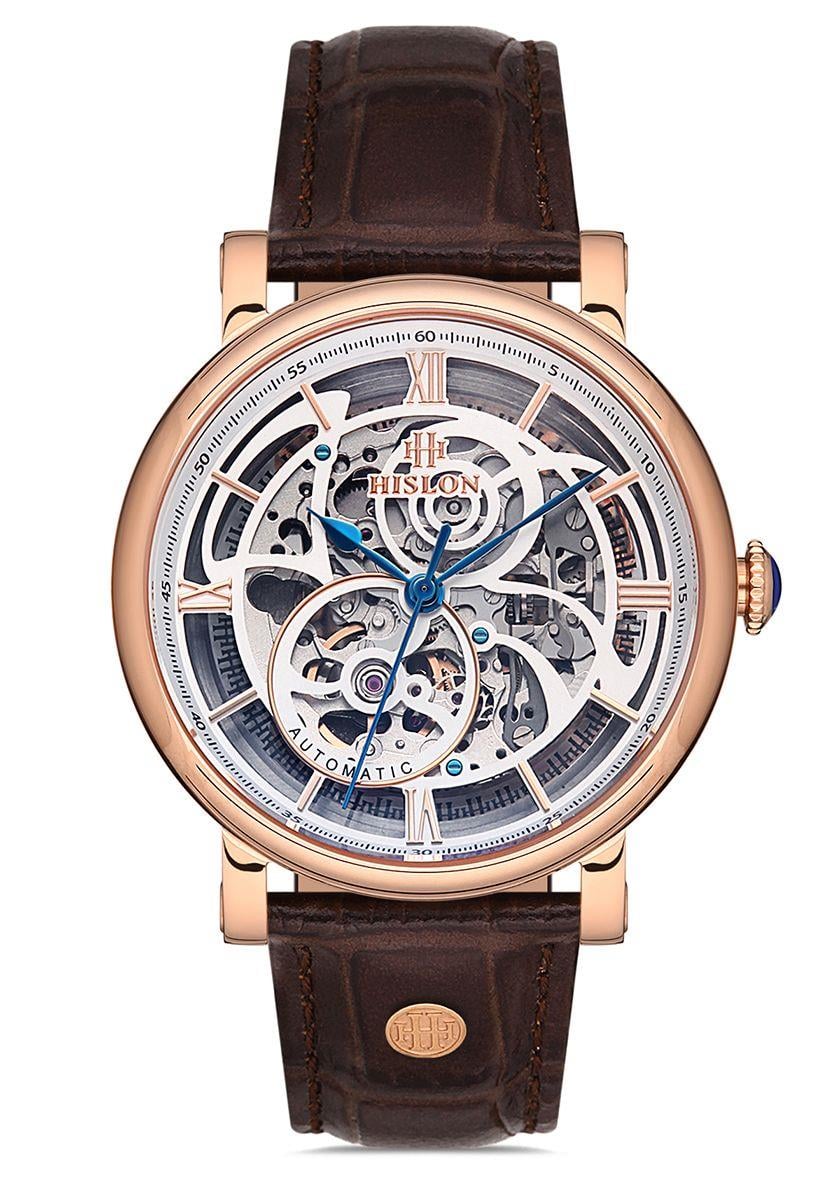 Hislon Otomatik Transparan Kadran Rose Gold Kasa Kahverengi Deri Kordon Erkek Kol Saati SD104R-16KR