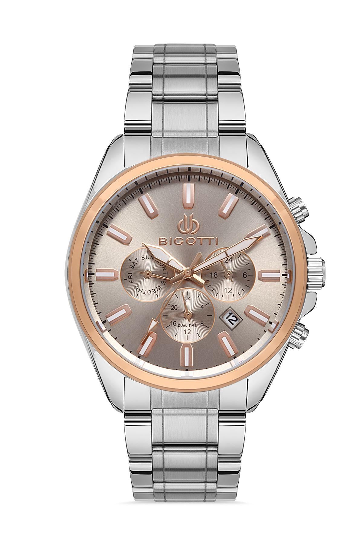 Bigotti Milano Spor Metal Klasik Gri Fonksiyonlu Kadran Rose Gold Gümüş Çift Renk Erkek Kol Saati BG.1.10328.3