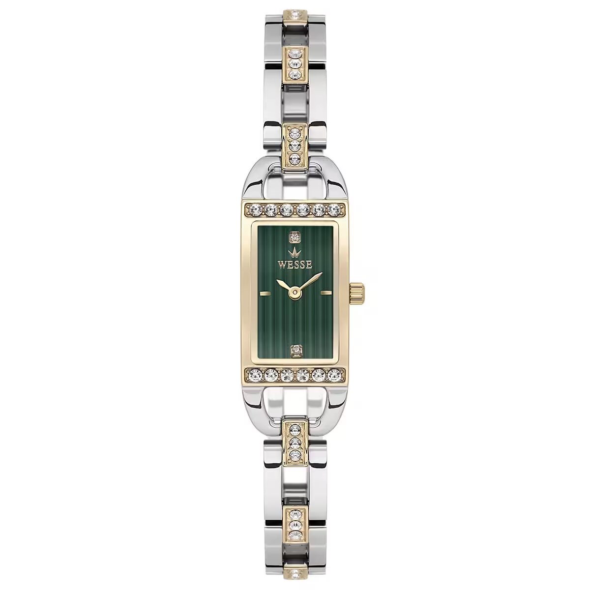 Wesse Metal Çelik Altın Gold Gümüş Çift Renk Kasa Kordon Kare Yeşil Taşlı Kadran Retro Künye Model Sade Kadın Kol Saati WWL117303