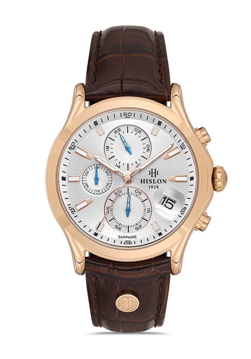 Hislon Spor Kronometreli Beyaz Kadran Safir Cam Kahverengi Deri Erkek Kol Saati MS201R-02KR