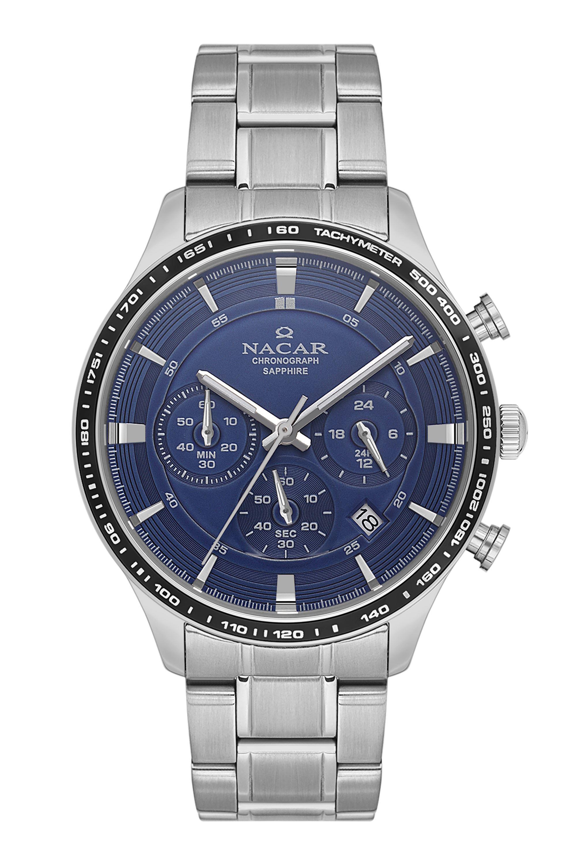 Nacar Spor Çelik Lacivert kadran Safir Cam Kronometreli Erkek Kol Saati NC31-299354-ALBM