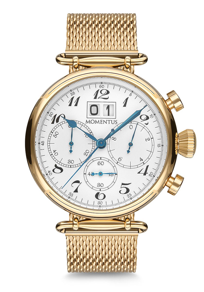 Momentus Metal Çelik Altın Gold Hasır Kordon Takvim Kronometreli Spor Köstekli Model Erkek Kol Saati TM250G-02SG