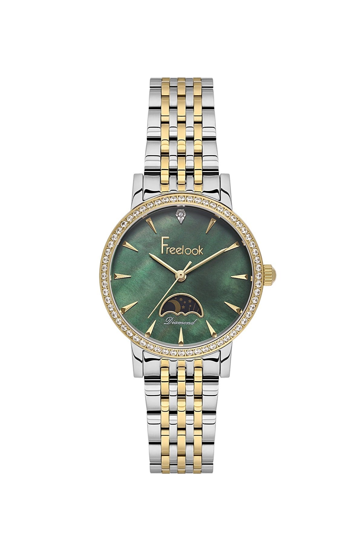 Freelook Altın Gold Renk Metal Kasa Diamond Taşlı Özel Seri Yeşil Kadran Kadın Kol Saati FL.1.10530-4