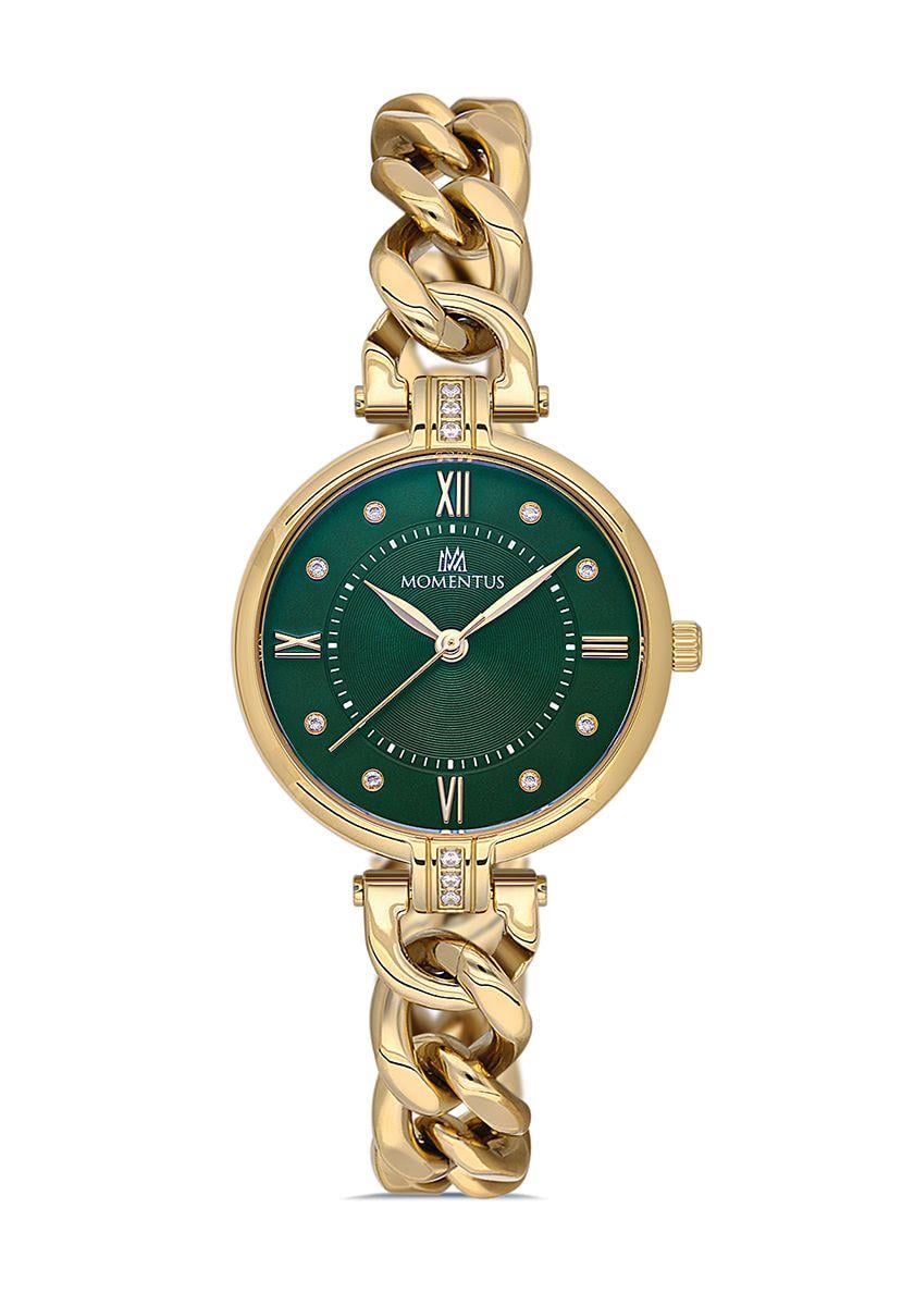 Momentus çelik Kordonlu Gold Renk Fantezi Model Yeşil Kadranlı Kadın Kol Saati SW232G-15SG