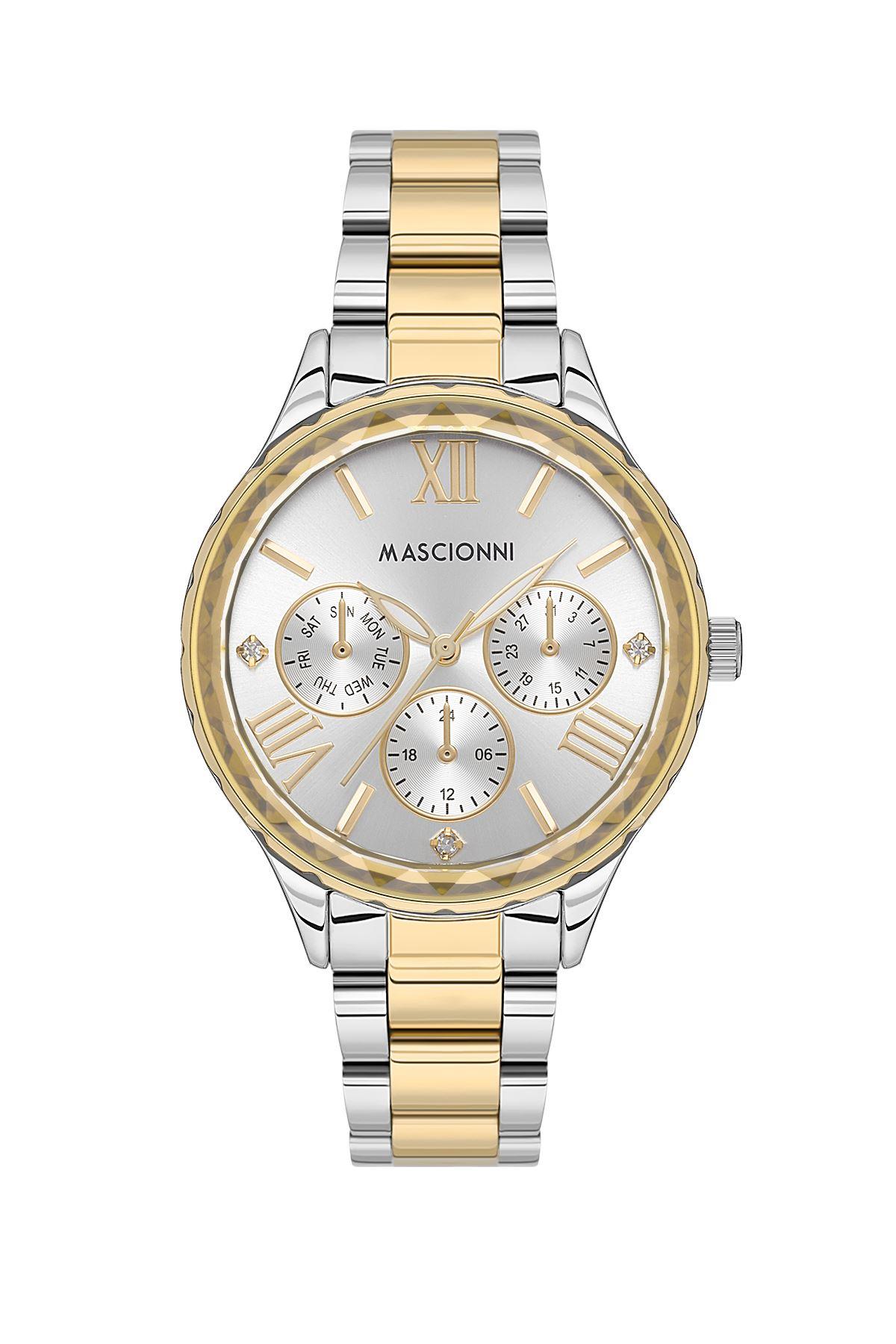 Mascionni Çift Renk Gold&Gümüş Tasarımlı Cam Taşlı Kadın Kol Saati M.1.2176.04