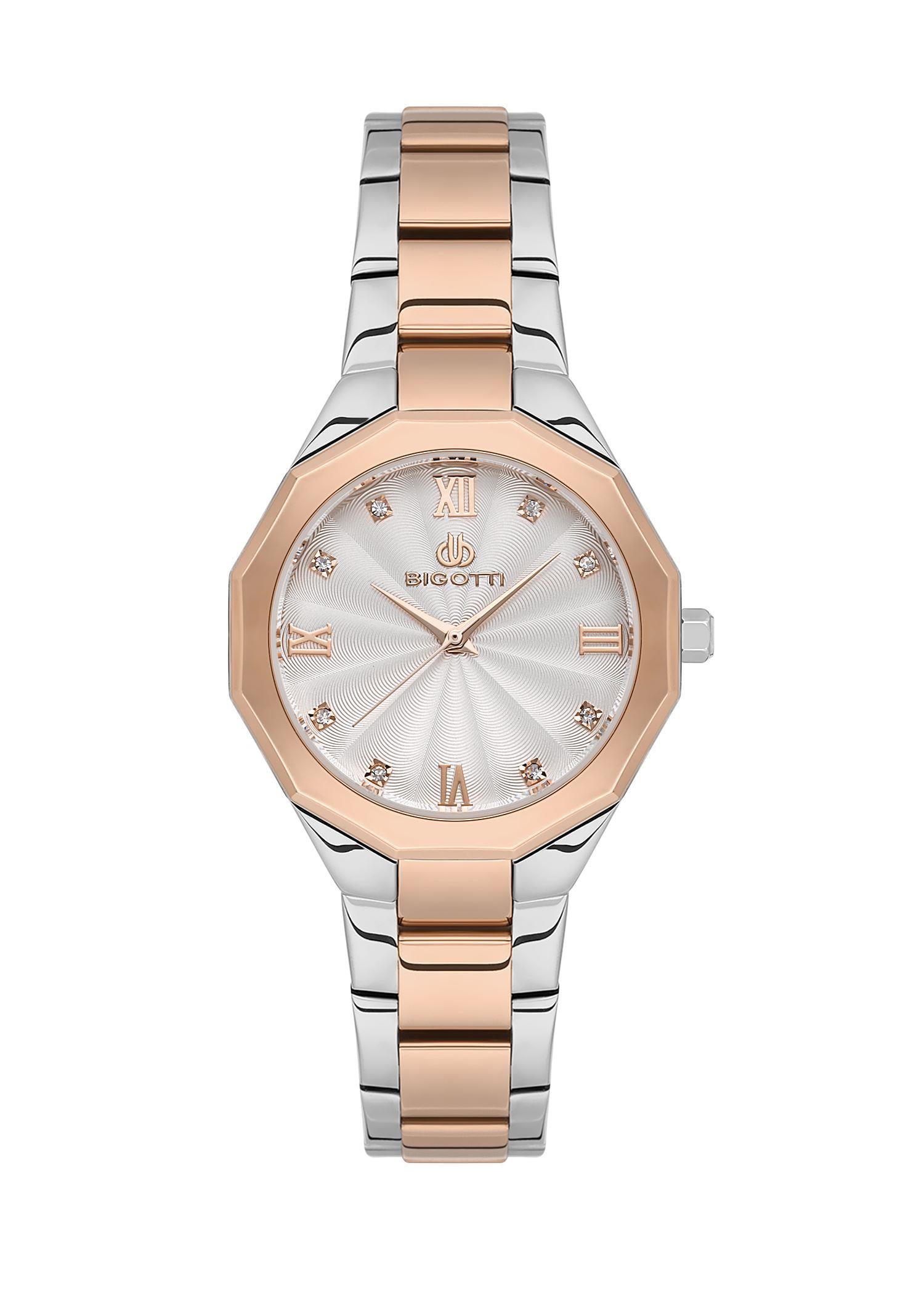 Bigotti Milano Metal Spor Rose Gold Gümüş Çift Renk Beyaz Kadran Tasarımlı Kasa Kadın Kol Saati BG.1.10585-7