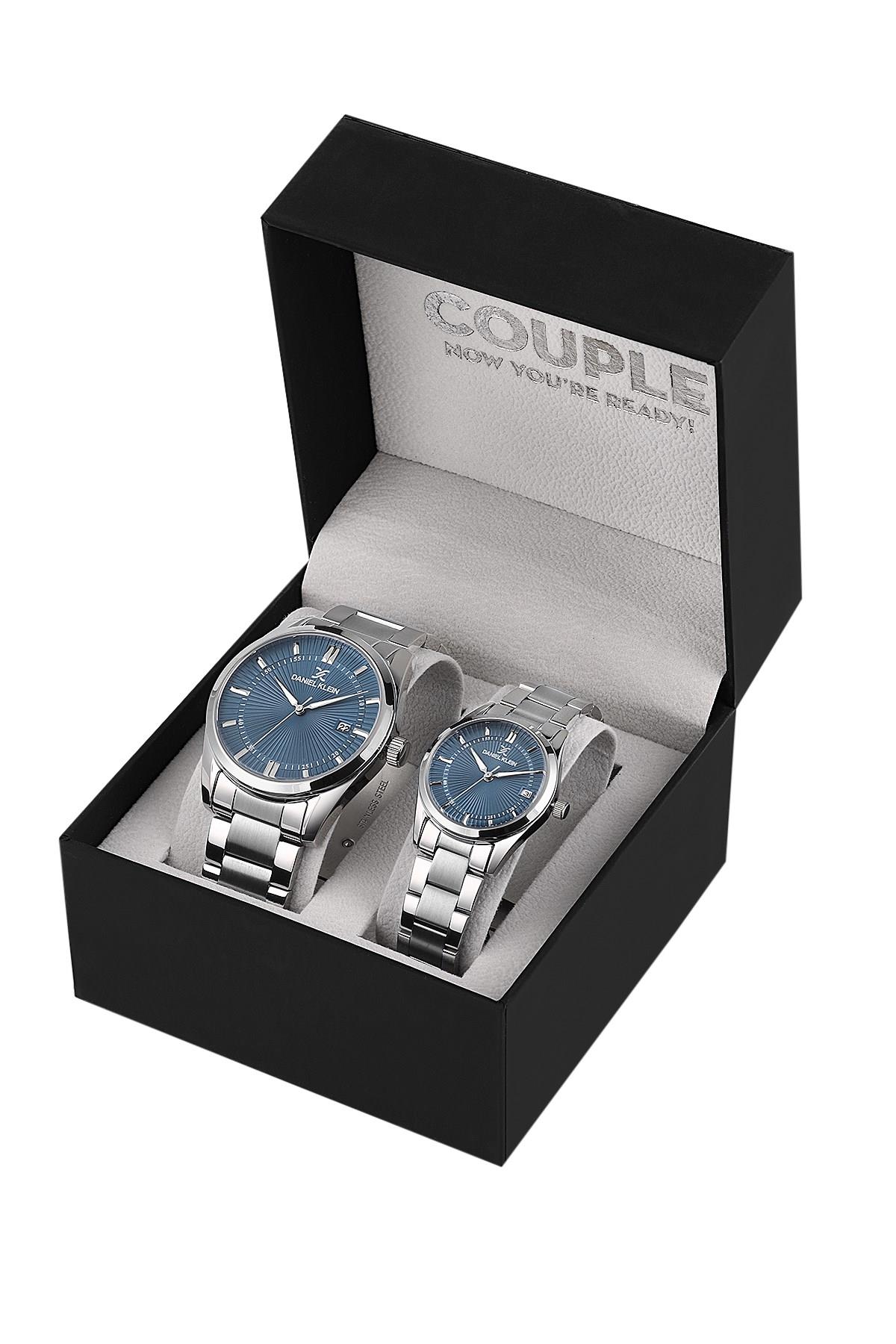 Daniel Klein Klasik Gümüş Renk Kasa Kordon Mavi Kadran Bay Bayan Çift Saat DK.6.14091-3