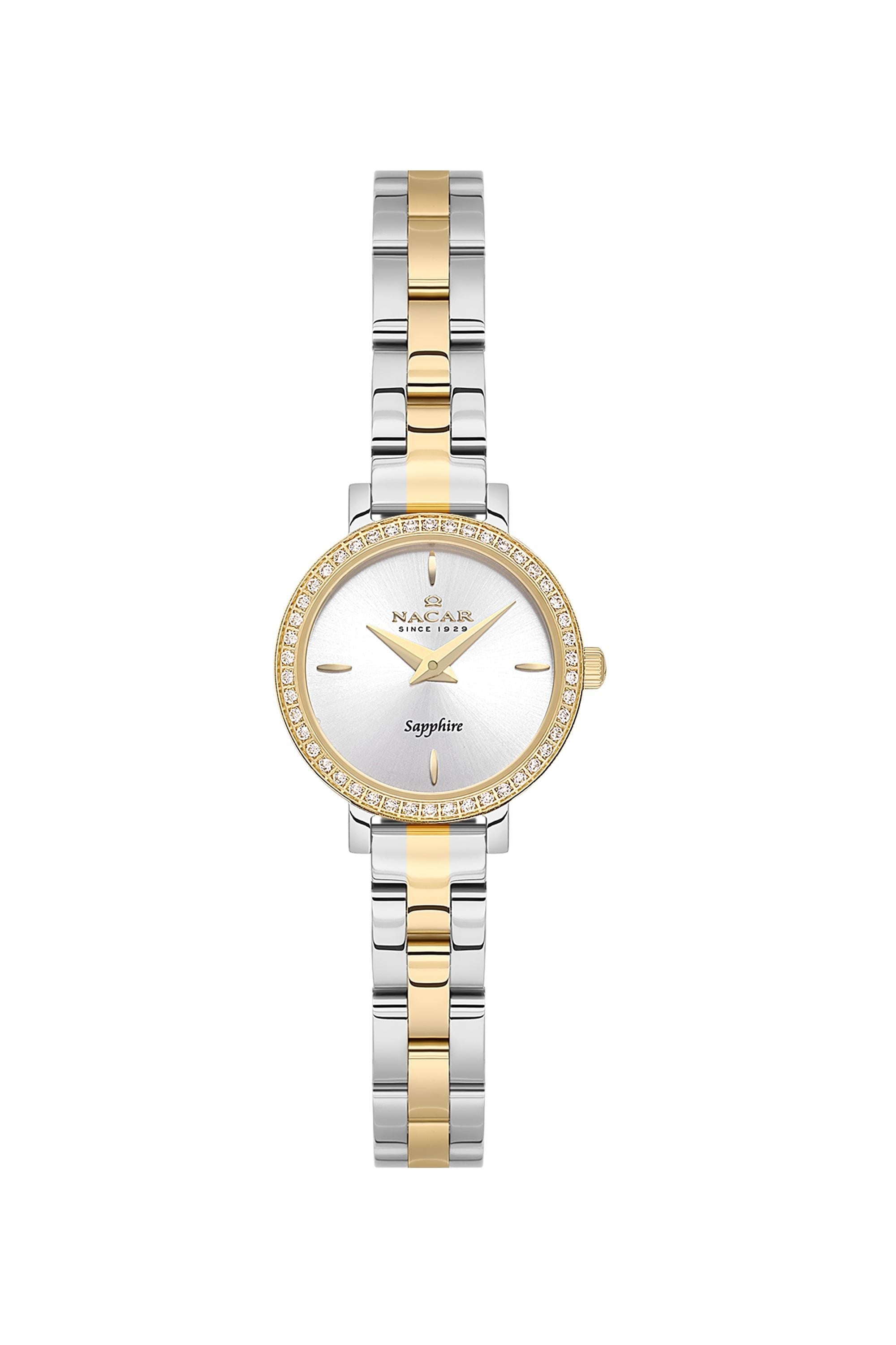 Nacar Klasik Altın Gold Gümüş Çift Renk Metal Safir Cam Gri  Kadran Sade Kadın Kol SaatiNC08-39890196-CSMS