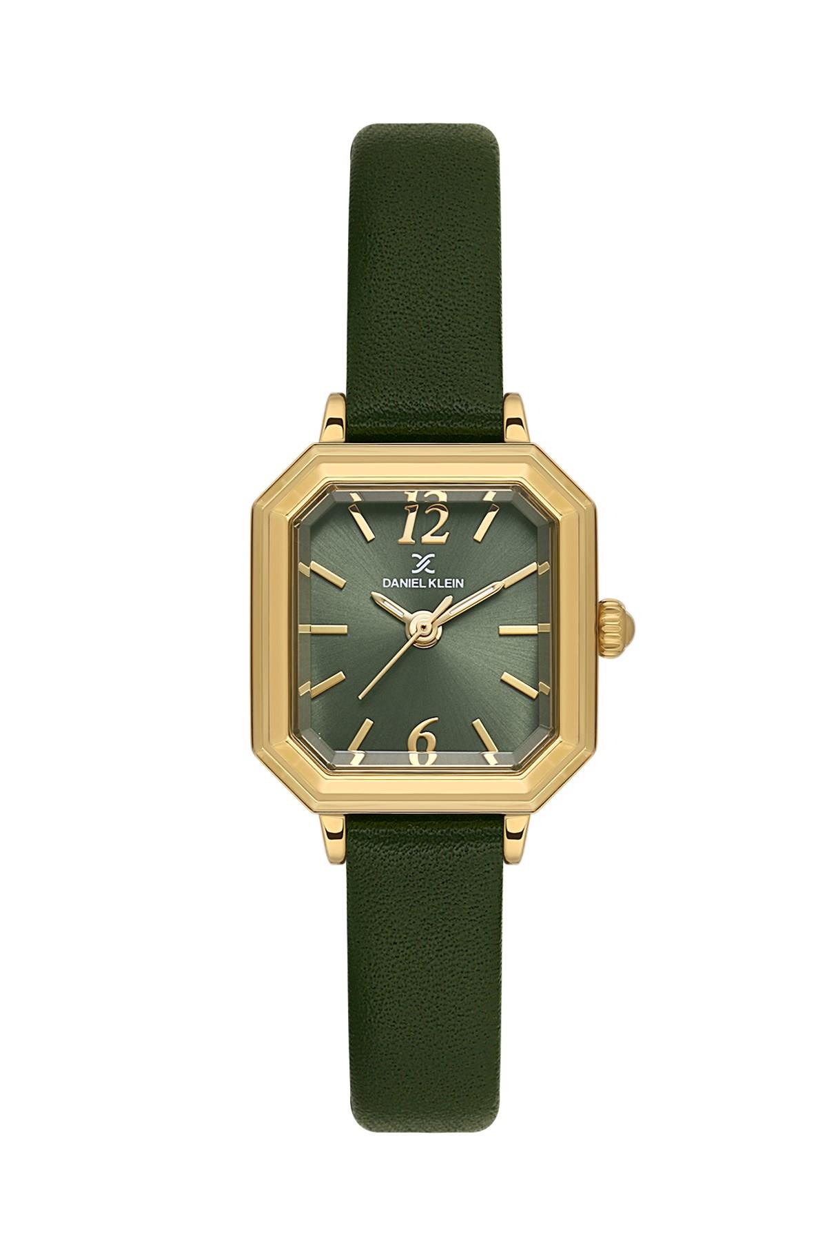 Daniel Klein Klasik Sade Kare Gold Kasa Yeşil Deri Kordon Bayan Kol Saati DK.1.13946-4
