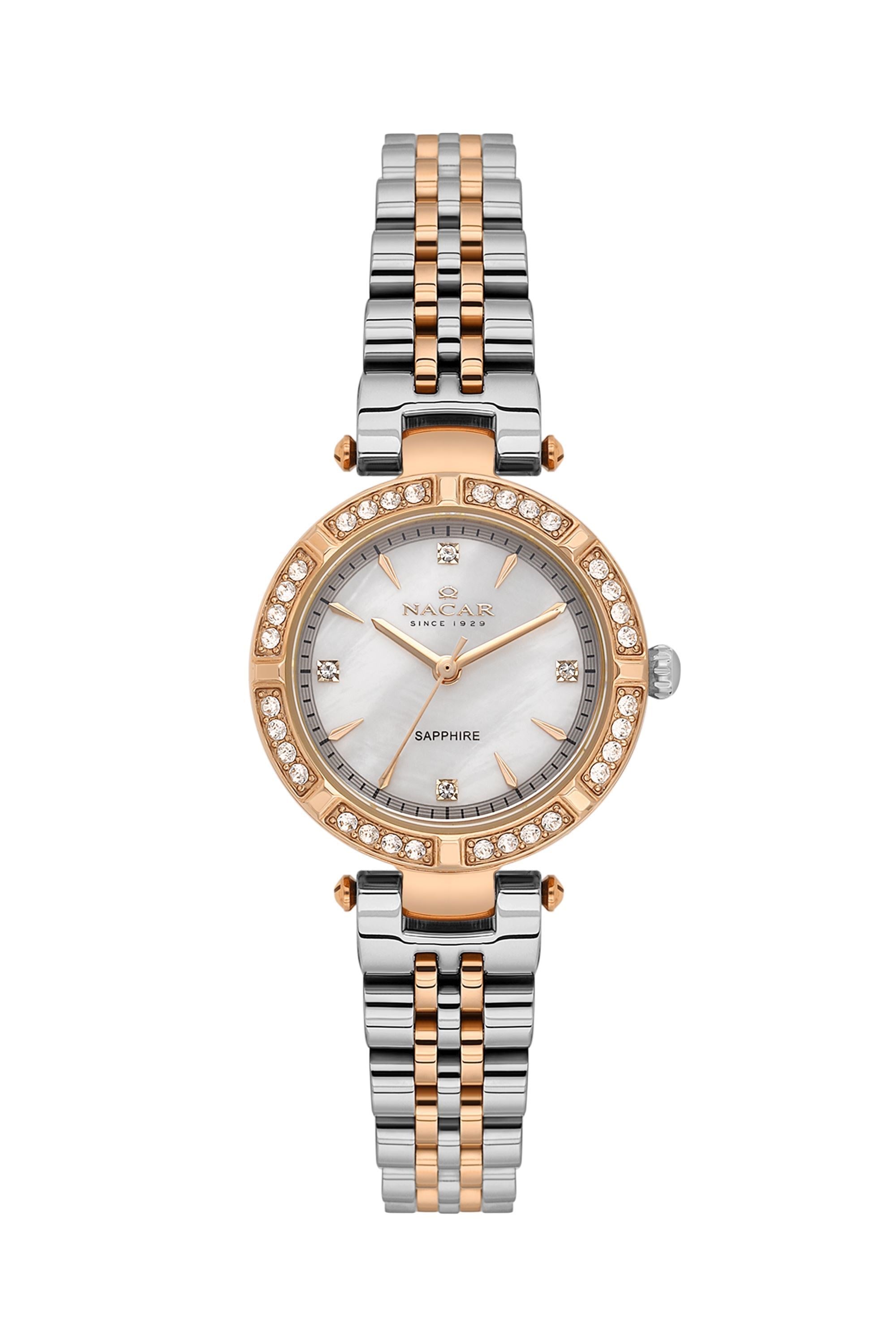 Nacar Klasik Rose Gold Gümüş Çift Renk Taşlı Kasa Safir Cam Kadın Kol Saati NC34-39B690-ESMS