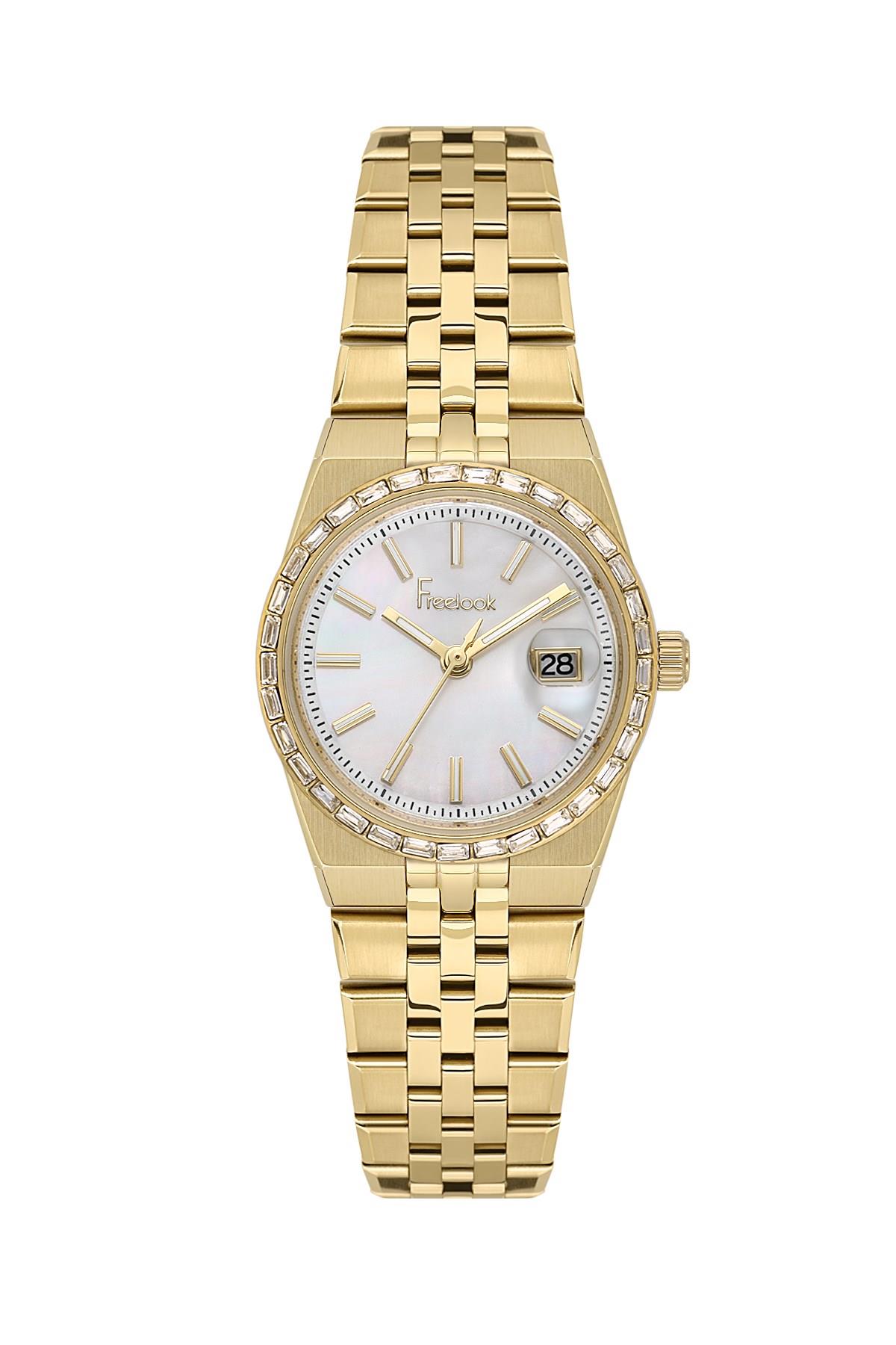 Freelook Çelik Altın Gold Renk Beyaz takvimli Taşlı Kasa Kadın Kol Saati FL.4.10033-2