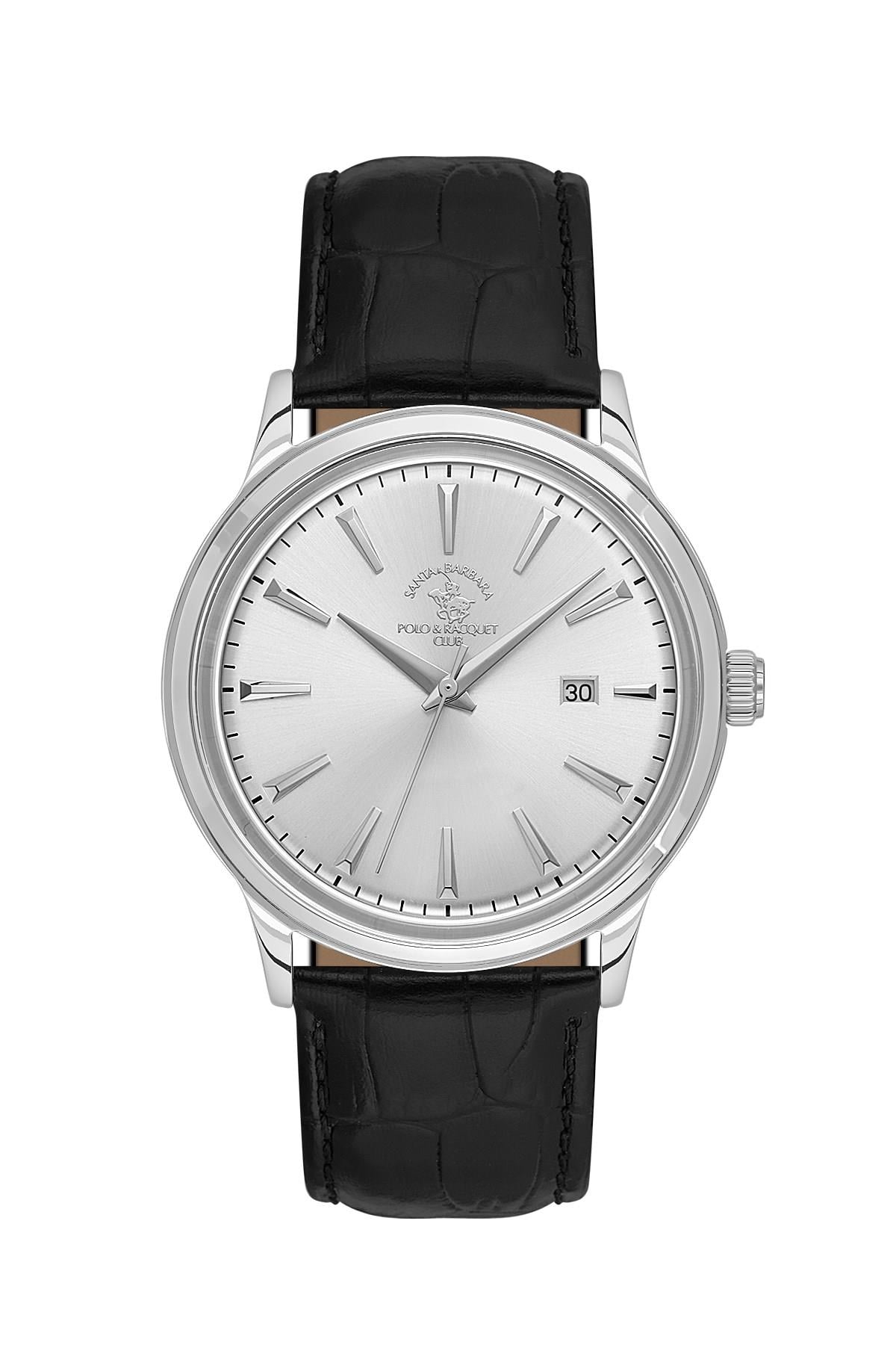 Santa Barbara Polo & Racquet Club Klasik Siyah Deri Kordon Beyaz Kadran Gümüş Kasa Takvimli Erkek Kol Saati SB.4.10022-1