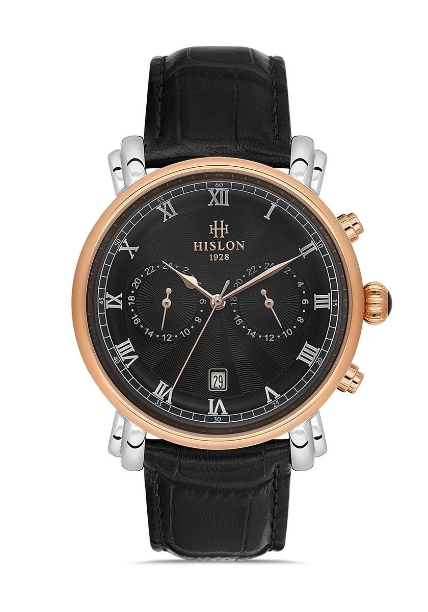 Hislon Siyah Deri Kordon Multifonksiyon Rose Gold Gri Çift Renk Kasa Erkek Kol Saati DT204T-04BR