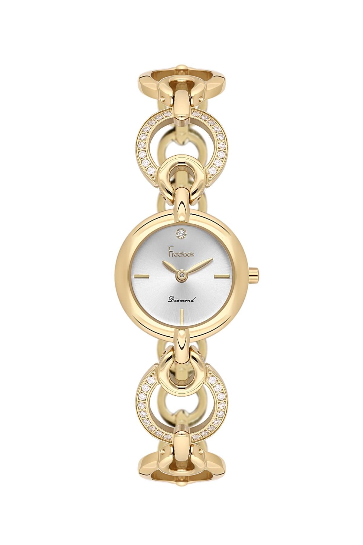 Freelook Fantazi Künye Model Dıamond Sertifikalı Taşlı Altın Gold  Renk Çelik Kadın Kol Saati FL.4.10020-3