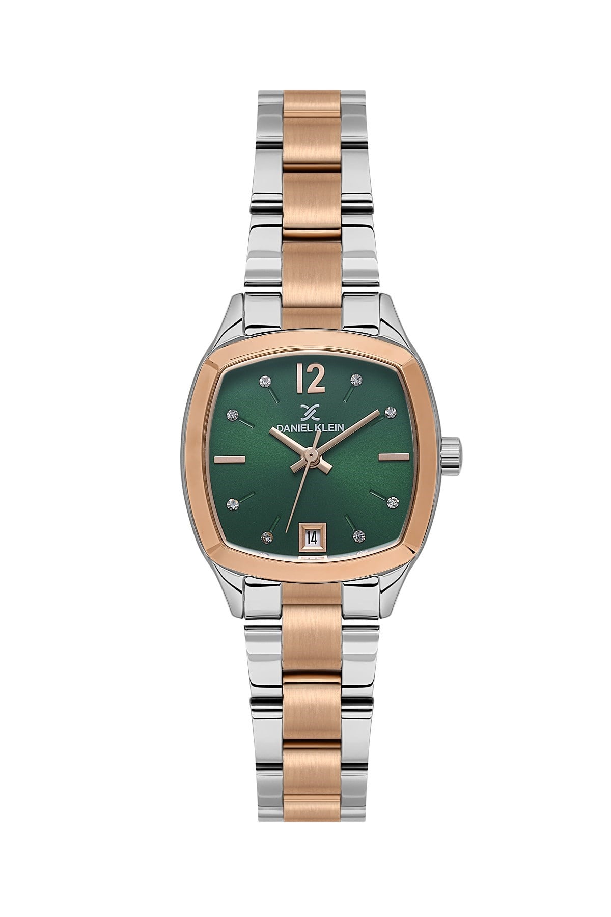 Daniel Klein Metal Rose Gold Kasa Kordon Yeşil Kadran Kare Kasa Takvimli Kadın Kol Saati DK.1.13912-8