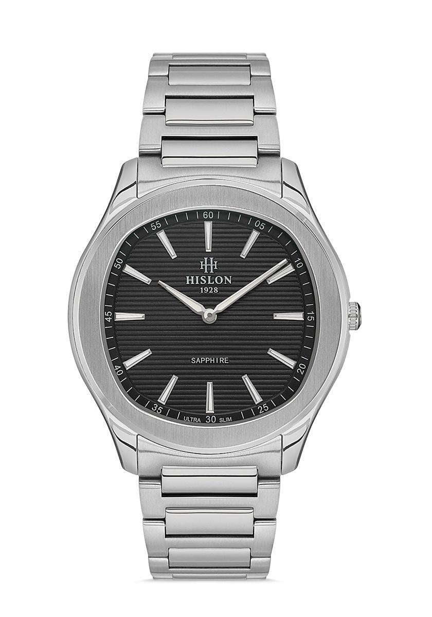 Hislon Çelik Kasa Kordon Klasik İnce  Gümüş Renk Safir Cam Siyah Kadran Erkek Kol Saati CL148S-04SS