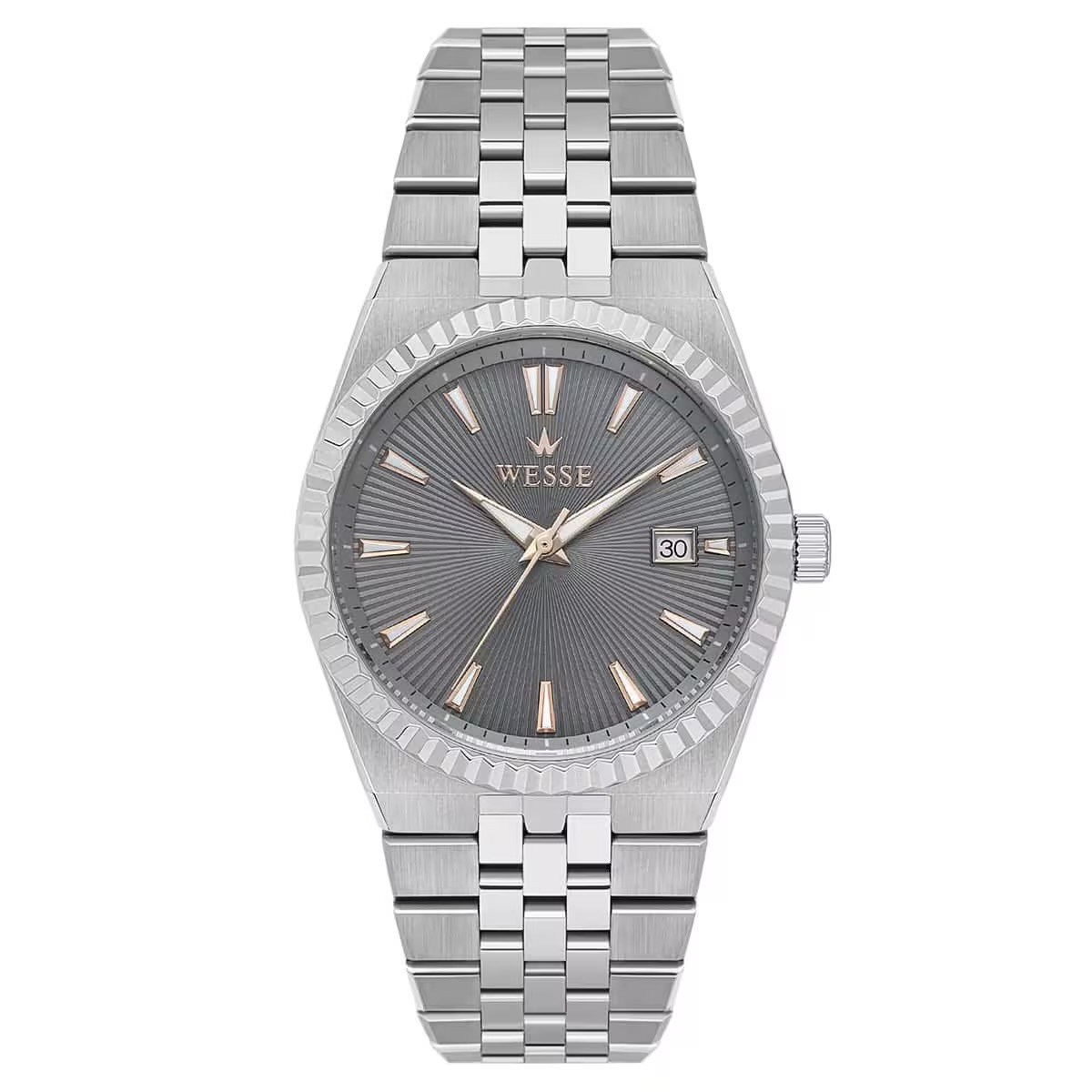 Wesse Çelik Metalik Gri Kasa Kordon Takvimli Gri Kadran  Erkek Kol Saati WWG211305