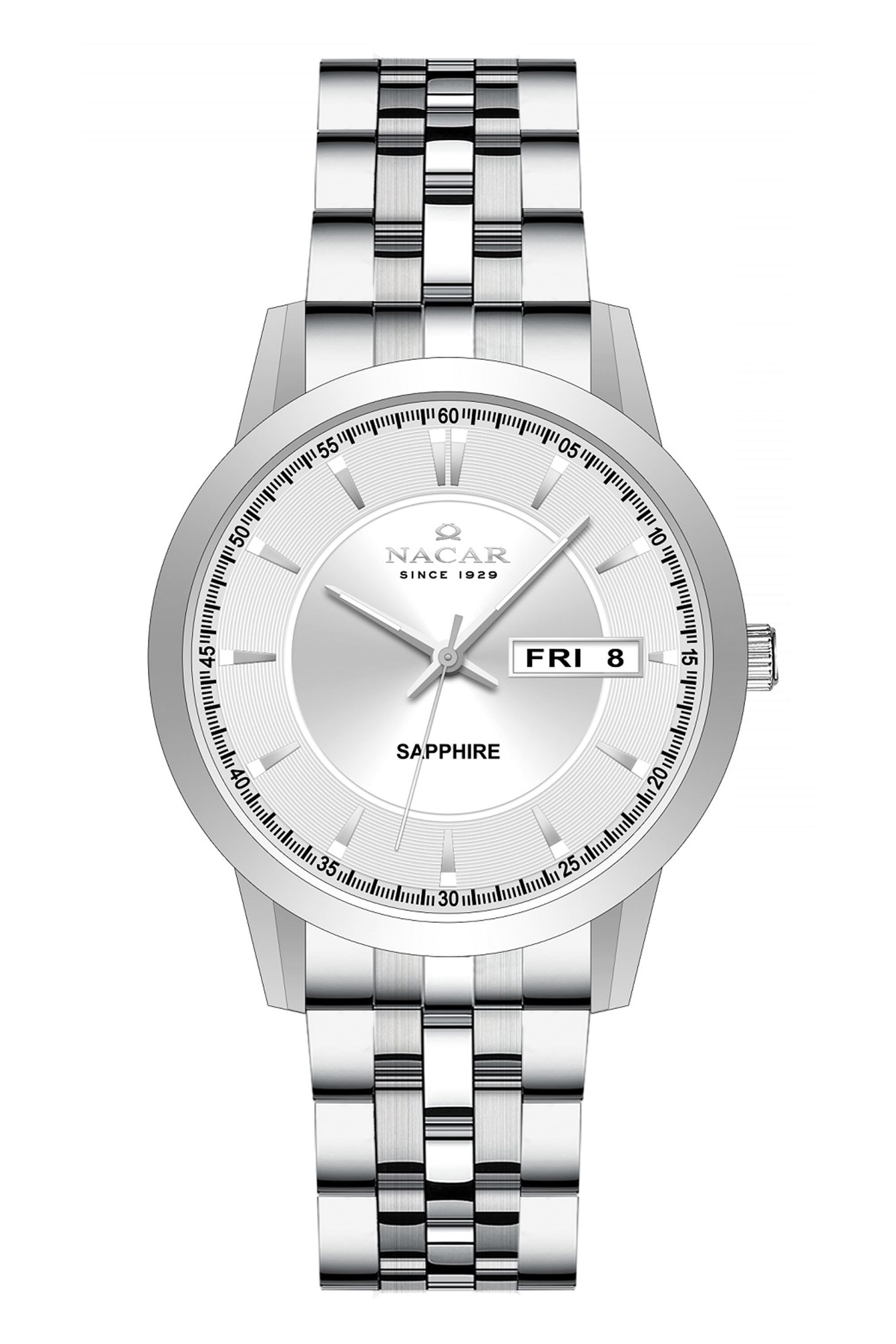 Nacar Klasik Çelik Kordon Yuvarlak Kasa Beyaz Kadran Safir Cam Erkek Kol Saati NC31-294740-ASM