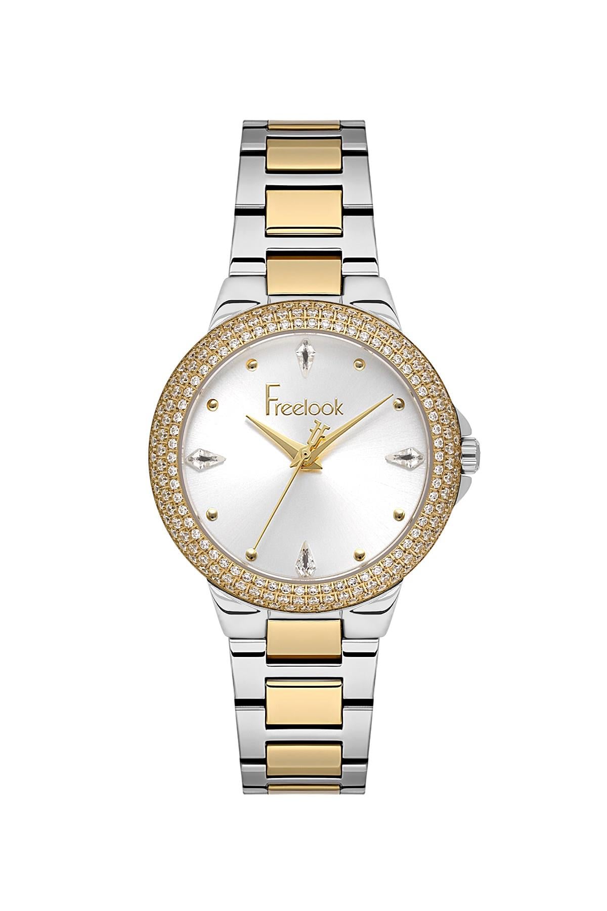 Freelok Altın Gümüş Çift Renk 3 Sıra Taşlı Kasa Çelik Kordon Kadın Kol Saati FL.1.10515-3